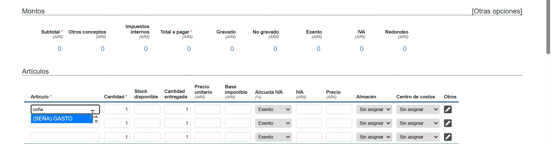 Step #6: En la tabla de Artículos selecciona el ítem (VTA-SENA-21) Seña de venta.