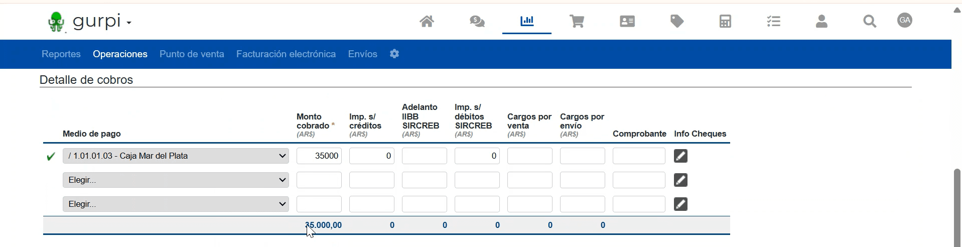Step #10: Haz clic en el Monto cobrado ubicado en la misma fila y coloca el mismo importe que en el campo factura de venta.