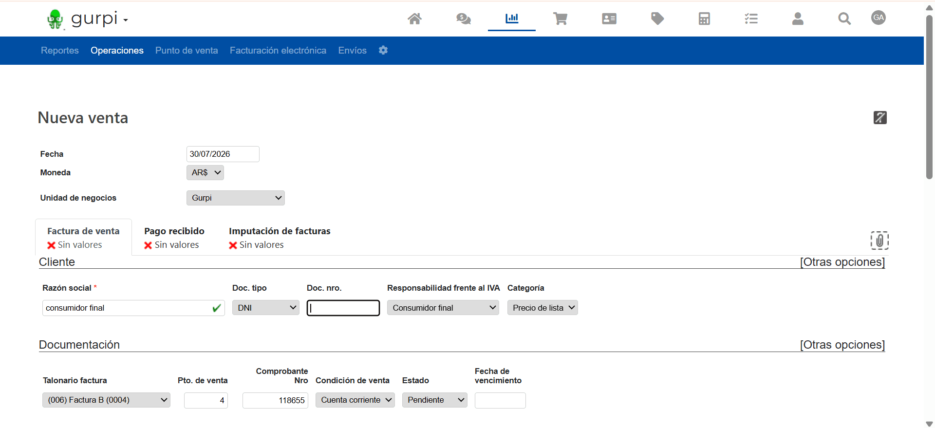 Step #5: Haz clic en el campo Doc. nro. y pega el número de DNI del cliente copiado desde tu planilla.