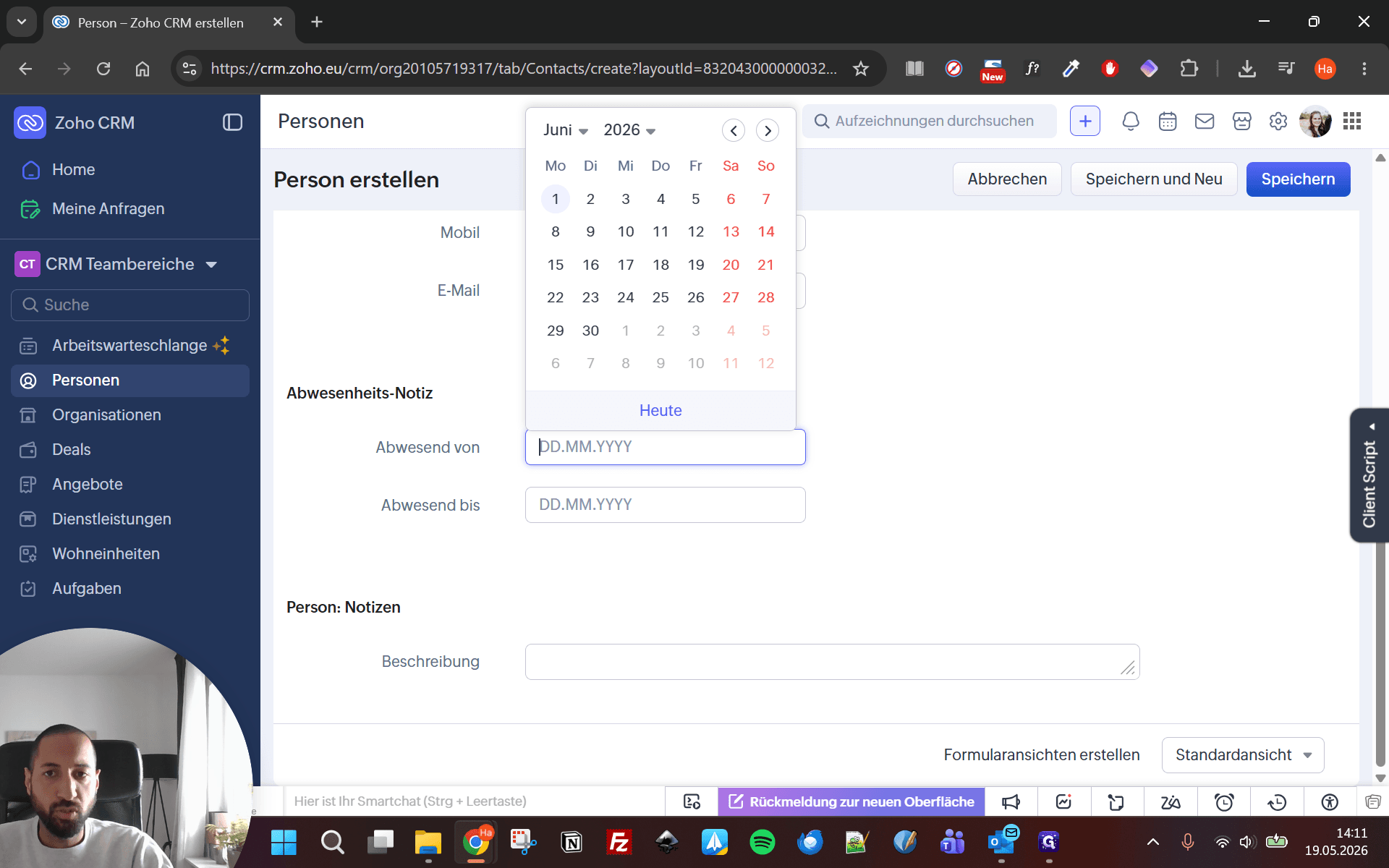 Step #10: Wählen Sie im Feld Abwesend von das Startdatum einer bekannten Abwesenheit über den Kalender aus.