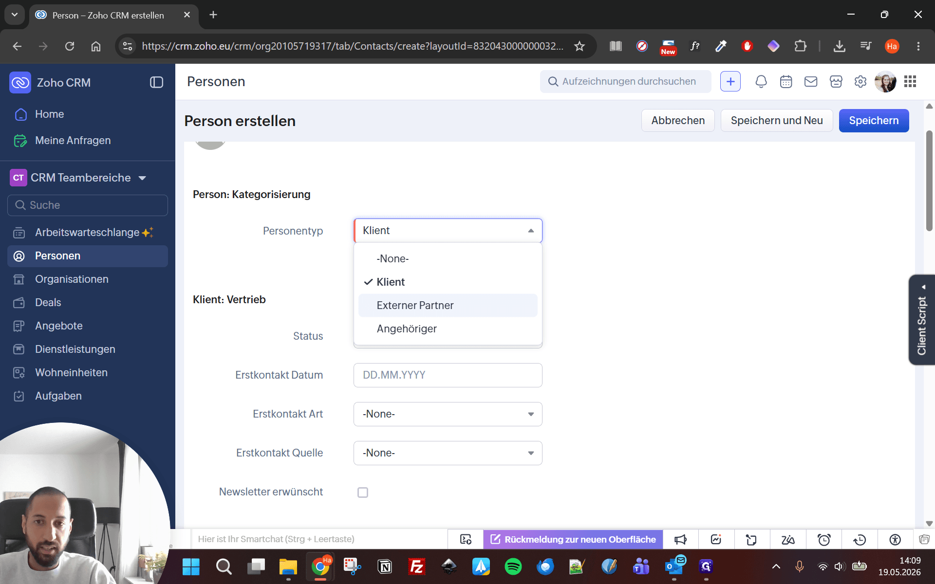 Step #3: Ändern Sie den Personentyp im Dropdown-Menü von der Vorauswahl Klient auf Externer Partner.