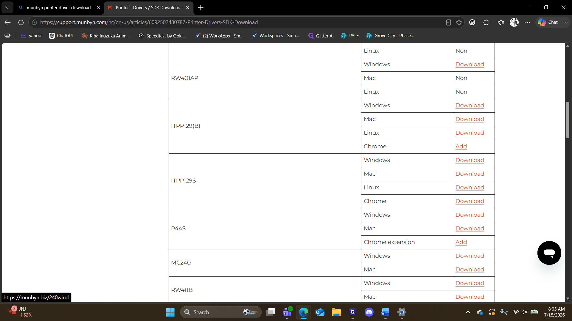 Step #2: Locate the MC240 model in the table and click Download for the Windows driver.