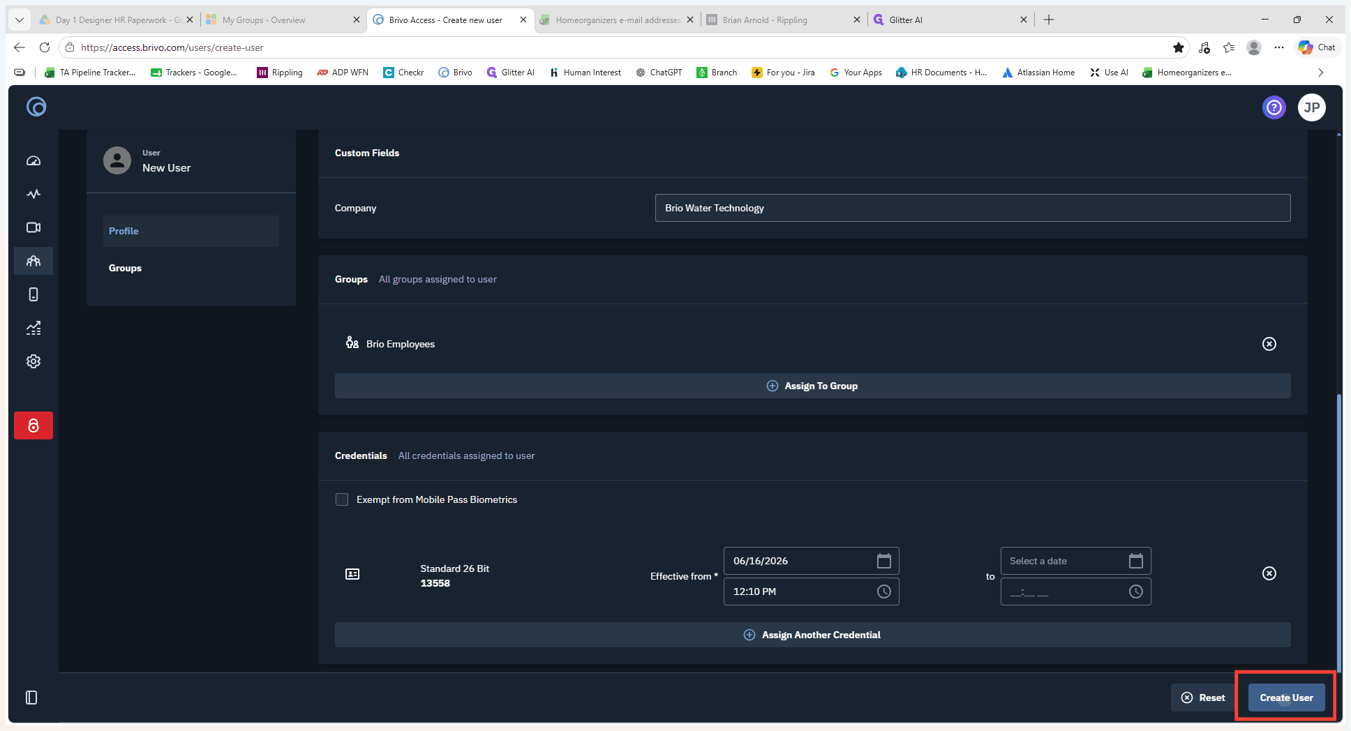Step #13: Click Create User at the bottom right of the screen to save the completed user profile.