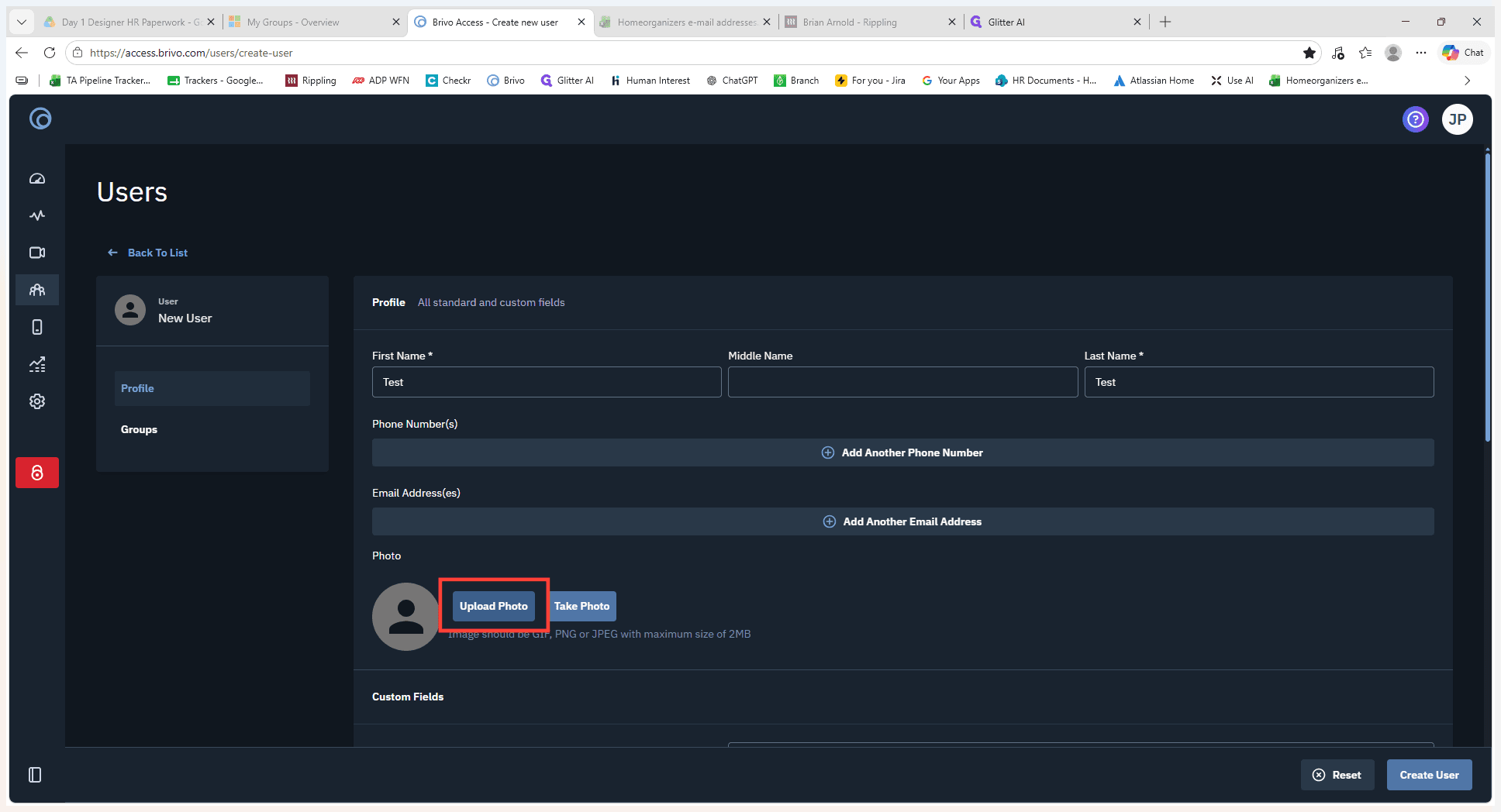 Step #6: Click Upload Photo to attach a profile picture for the user.