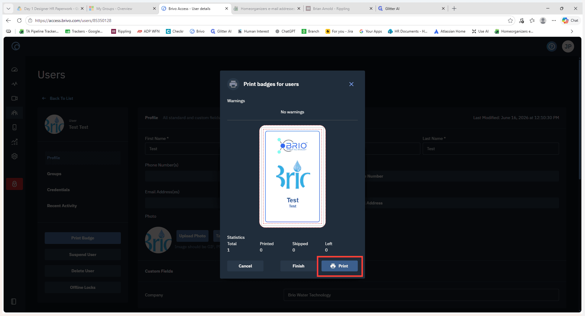 Step #17: Review the badge preview, then click Print at the bottom right of the modal to open the browser print dialog.
