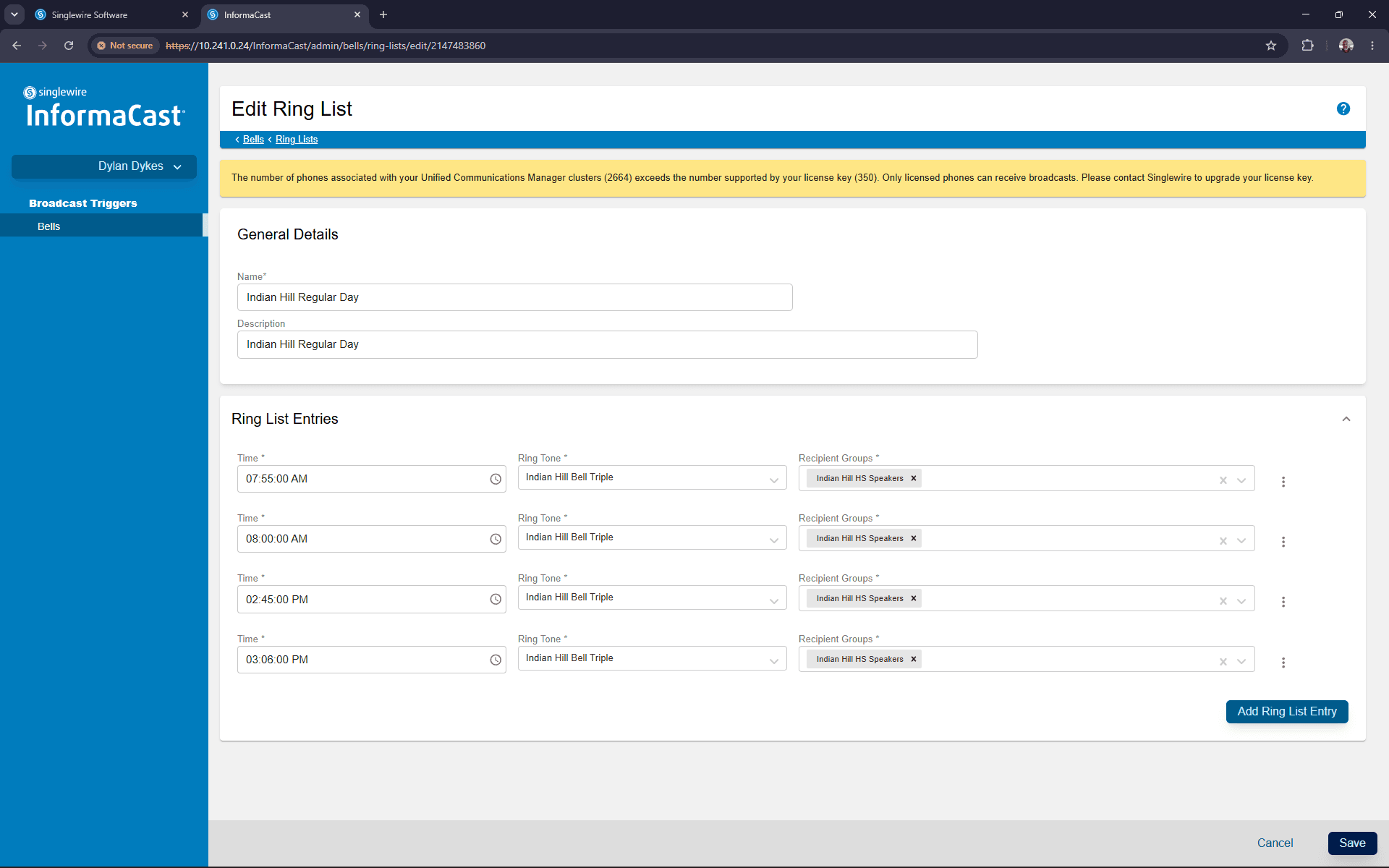 Step #16: Click Save to confirm the new ring list entry.