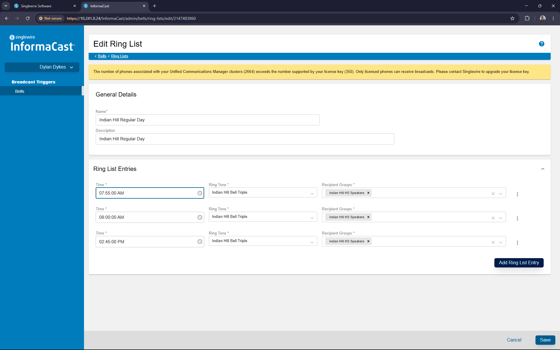 Step #14: Click Add Ring List Entry to insert a new bell time.