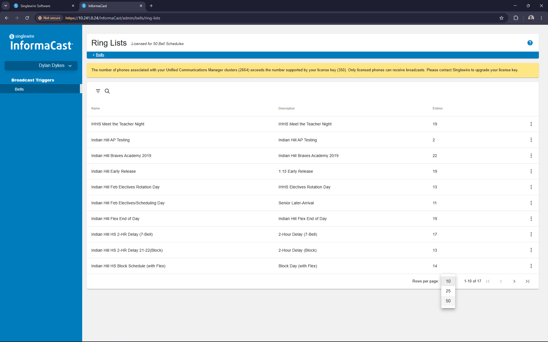 Step #12: If your list is long, click the Rows per page dropdown and select 50 to view all available ring lists.