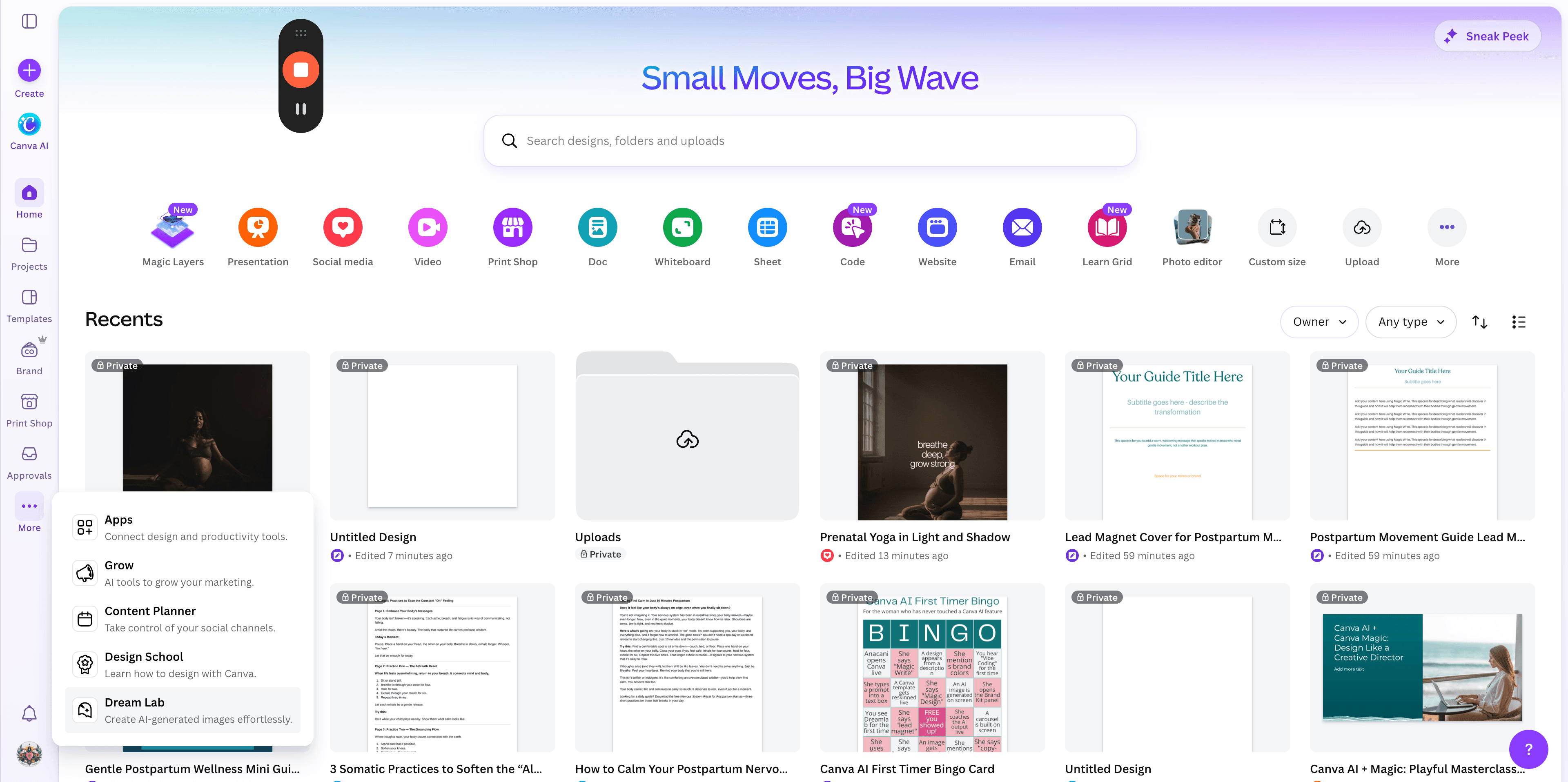 Step #1: From the Canva homepage, expand the left sidebar menu and click Dream Lab.