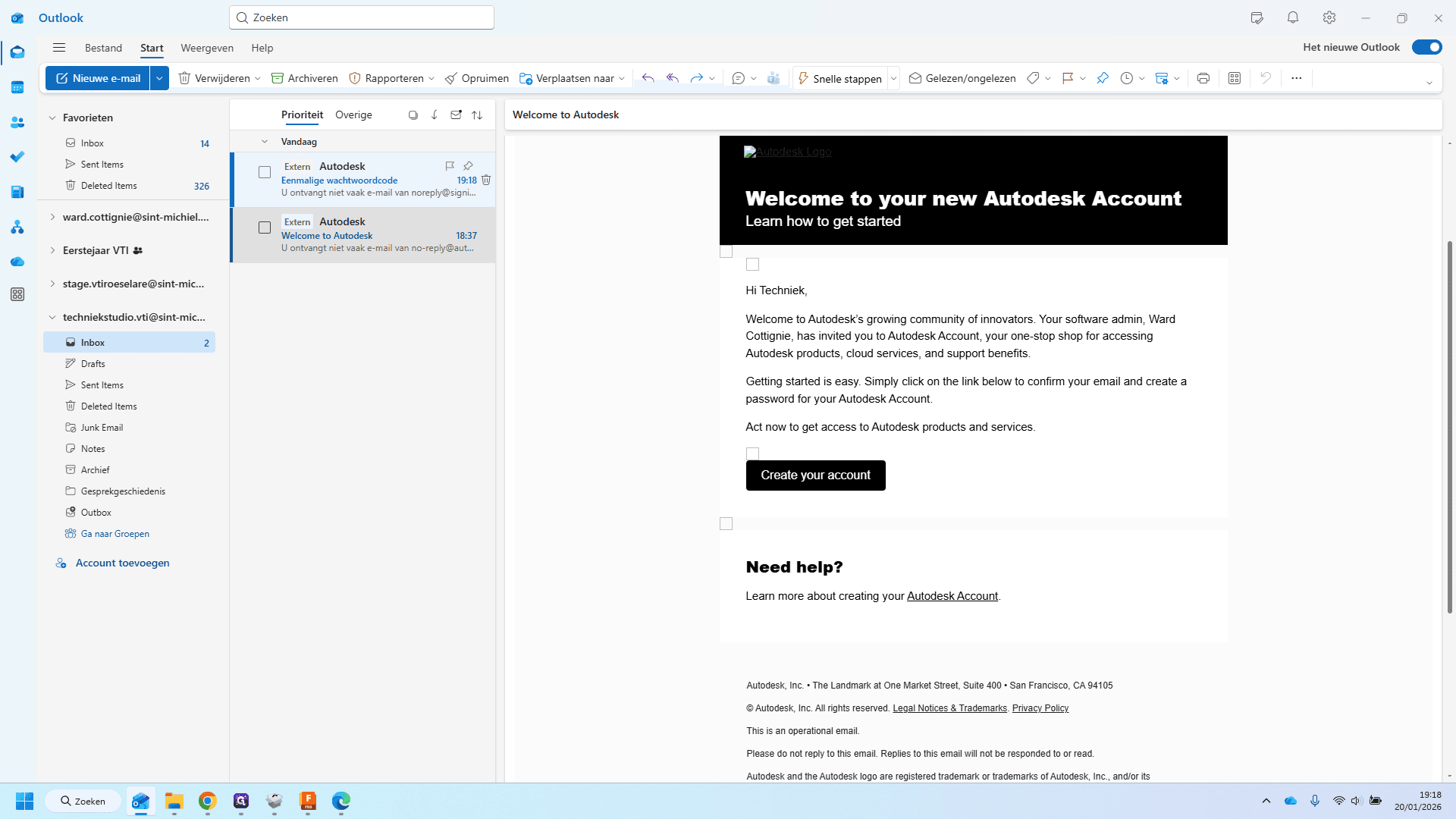 Step #17: Open Outlook en open in Postvak in het emailbericht van Autodesk met als titel 'Eenmalige wachtwoord code'. Dit emailbericht kan ook in spam of ongewenst email terecht komen.