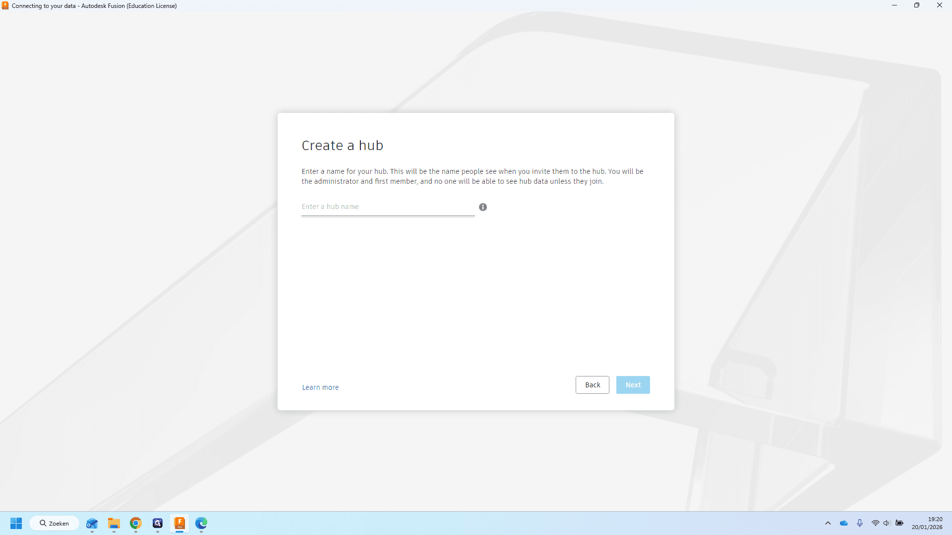 Step #27: Klik op "Enter a hub name". Dit is je persoonlijke werkomgeving waar je projecten kan opslaan. Geef de hub als titel je voornaam.