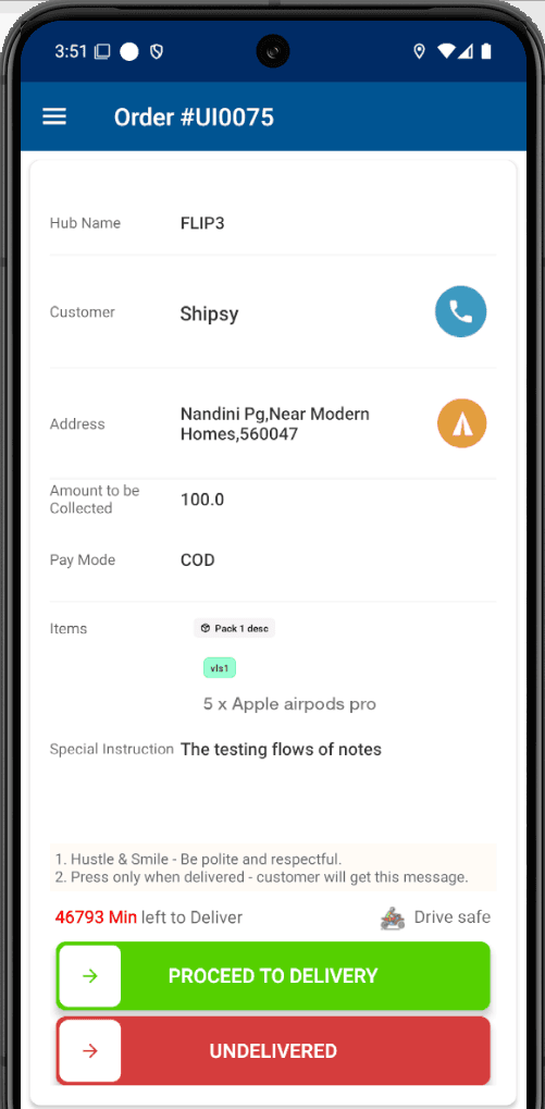 Step #52: Retrieve the hub name, customer details, address, collected amount, and item list.