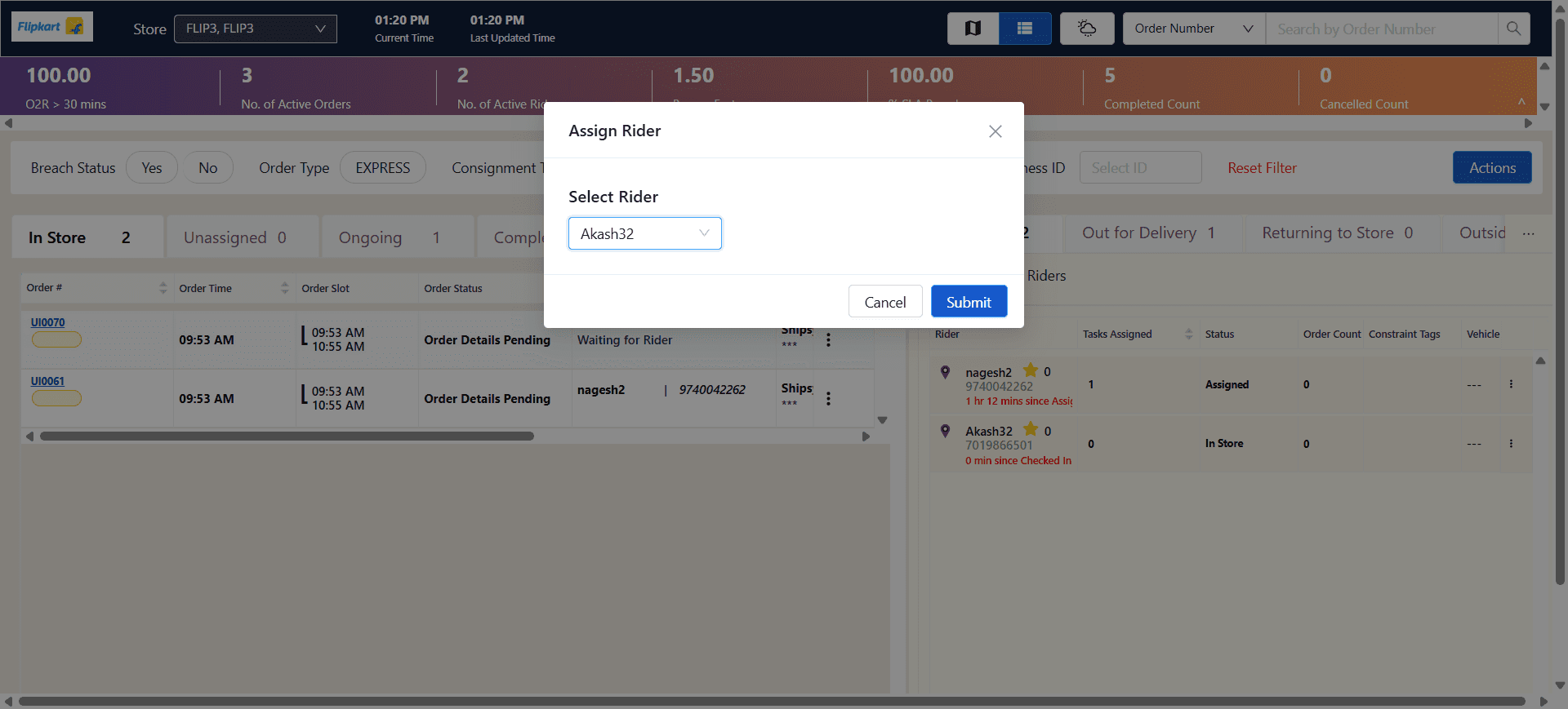 Step #39: After selecting the riders, click on the "Submit" button to finalize the order assignment.