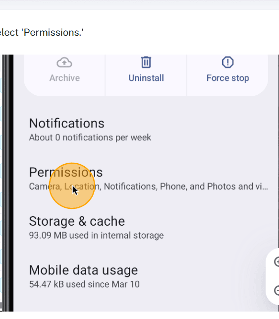 Step #43: Access the settings and select 'Permissions.'
