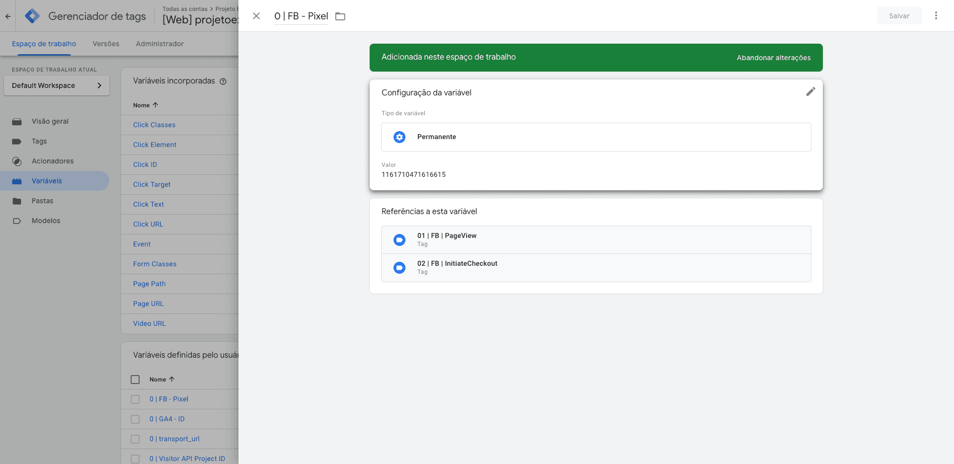 Step #40: Cliquem em "Valor", substitua o código do Pixel e salve (na parte de cima na direita)