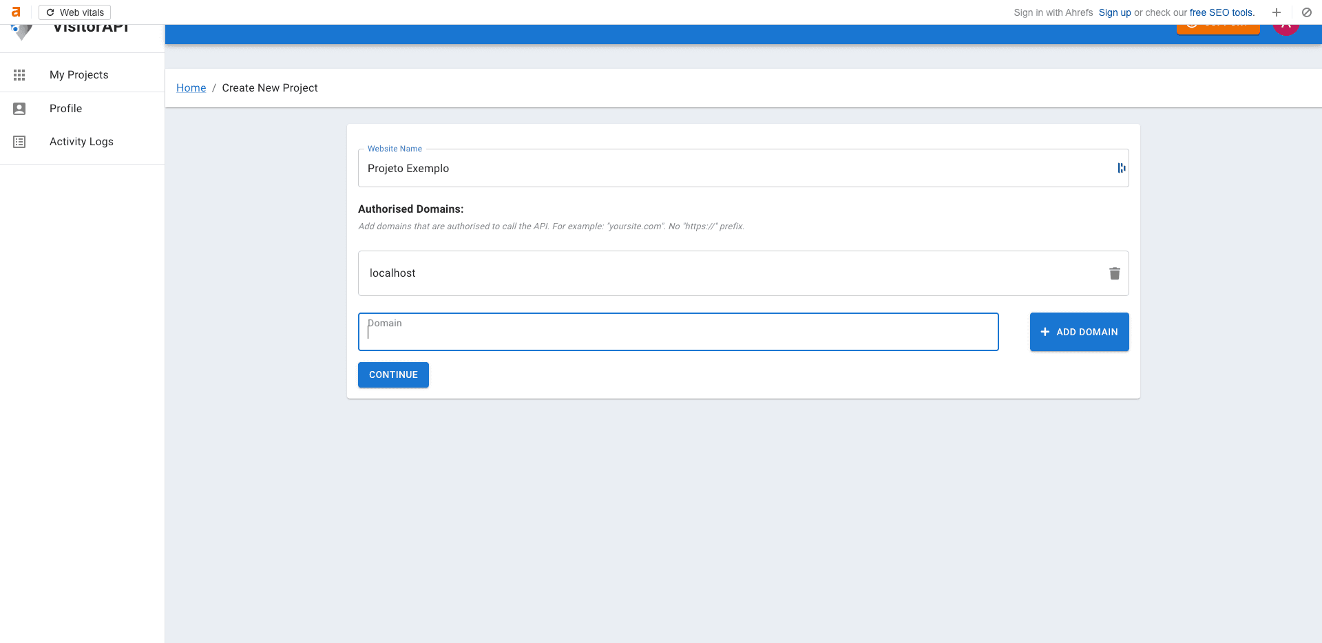 Step #63: Preencher os dados do site e adicionar dois domínios (a única diferença é o ponto “.” Antes da url). Exemplo:seusite.com.br.seusite.com.br