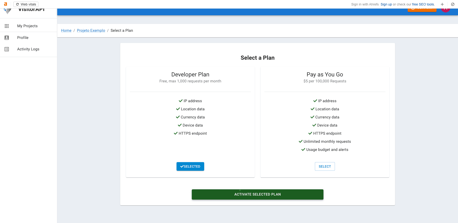 Step #65: Selecione a opção "Pay as You Go", clique em "ACTIVATE SELECTED PLAN" e adicione as informações de pagamento