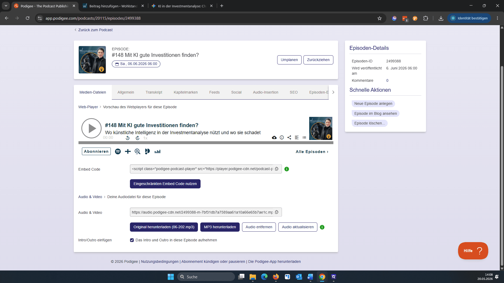 Step #7: Kopieren Sie den Embed Code des Players, indem Sie auf das Symbol mit den zwei Blättern klicken.