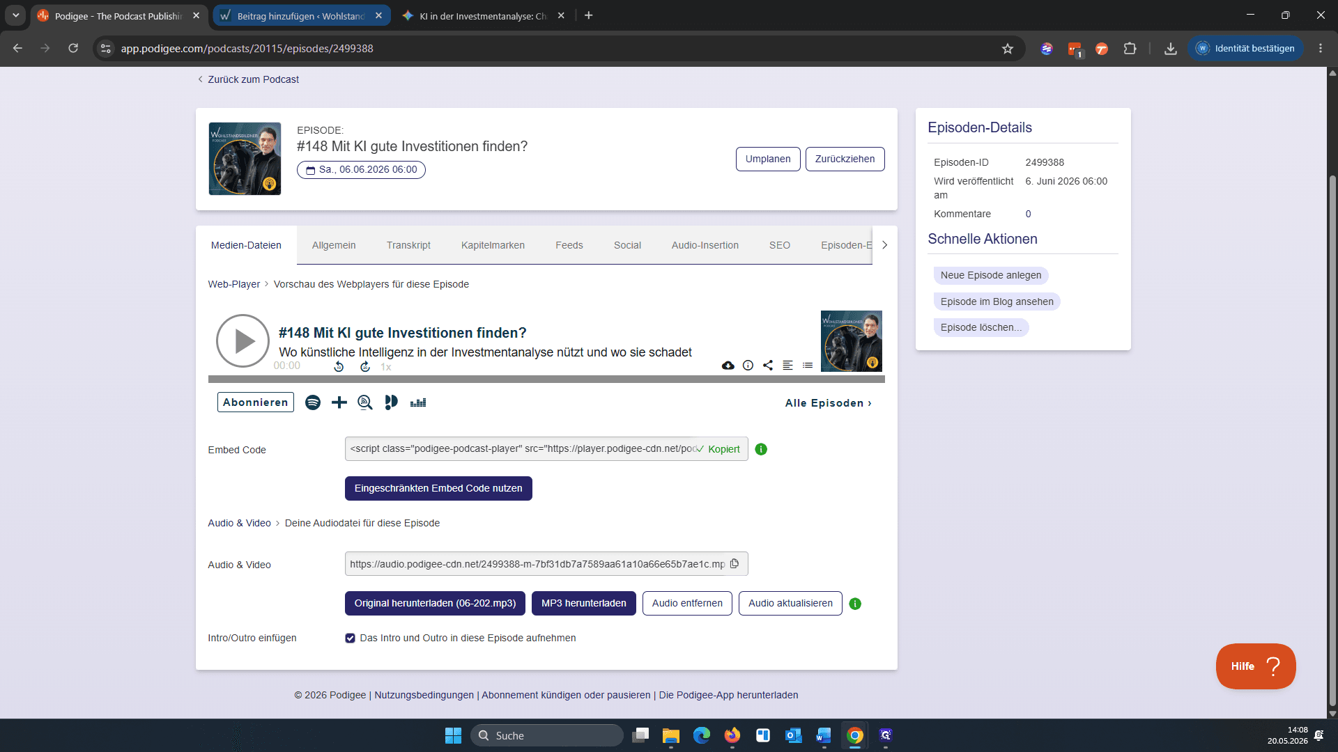 Step #8: Kehren Sie zum WordPress-Editor zurück und suchen Sie das Feld für den Podigee Embed Code.