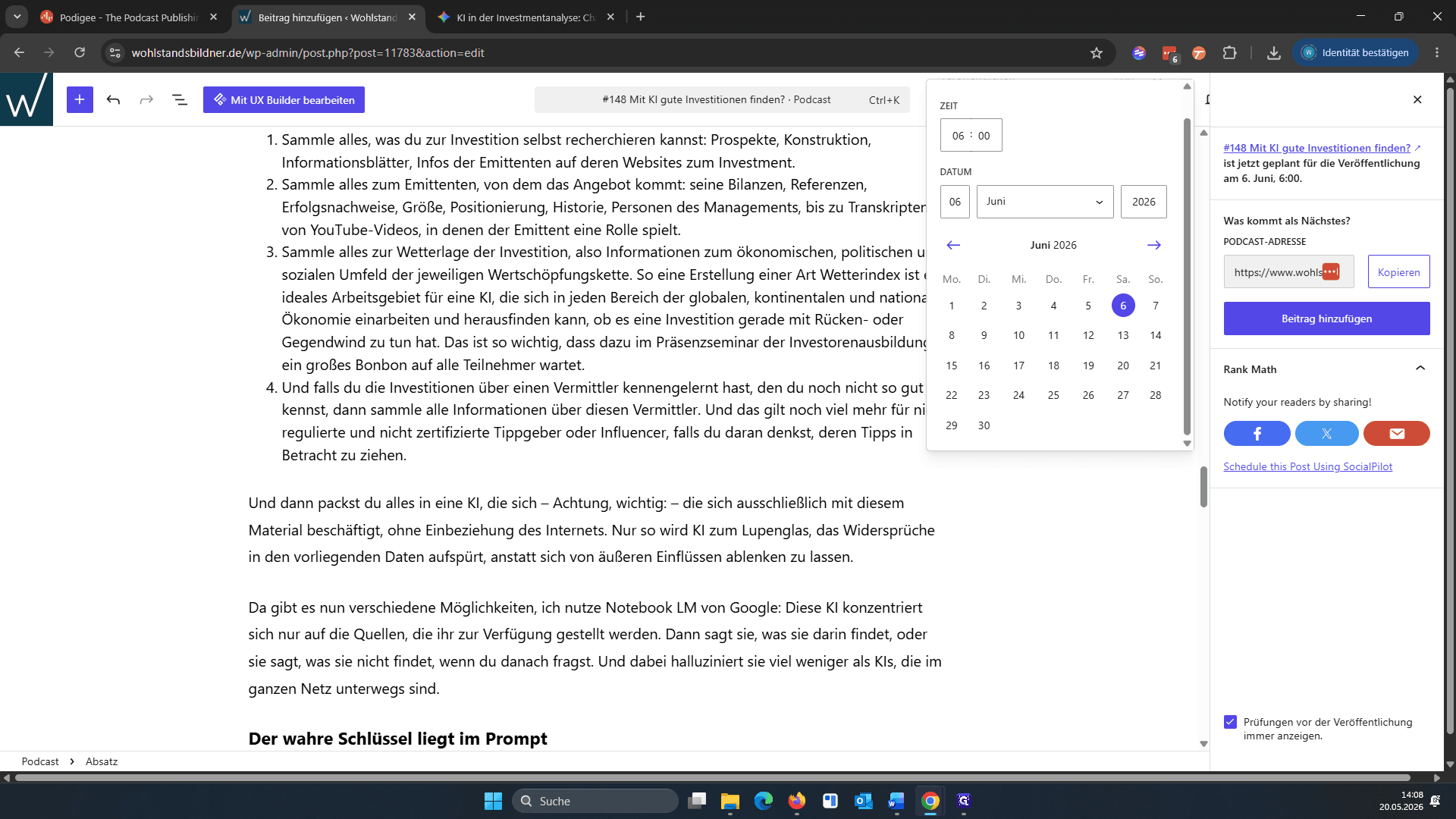 Step #3: Wechseln Sie in den WordPress-Editor Ihres Beitrags, scrollen Sie nach unten zum YouTube-Linkfeld und klicken Sie hinein.