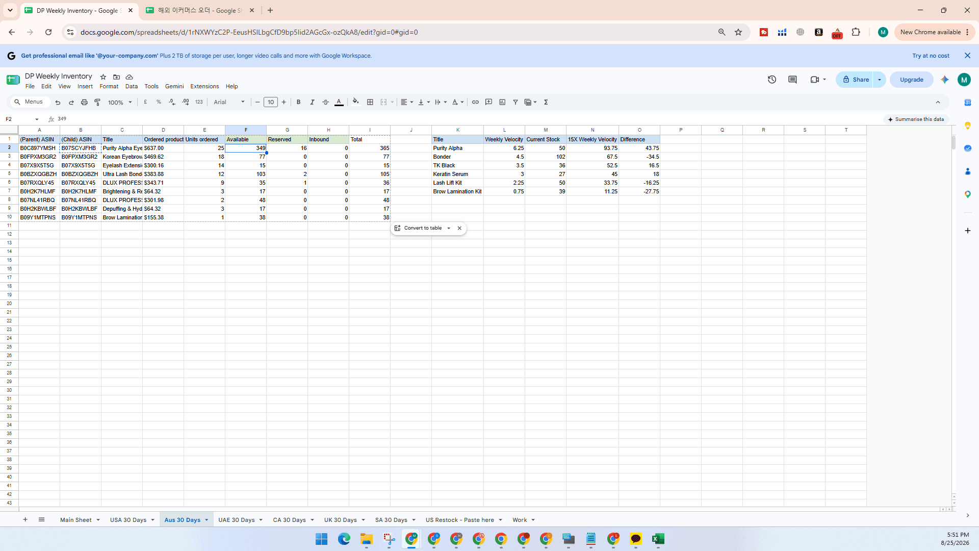 Step #16: Switch back to Google Sheets and enter the units sold, available, reserved, and inbound stock into the marketplace sheet.