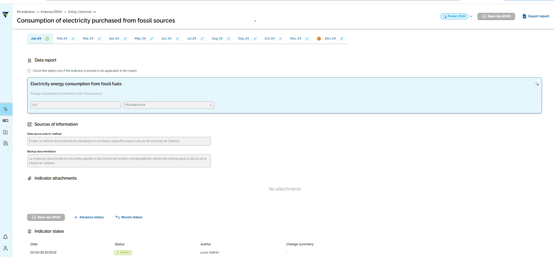 Step #4: After you validate the carbon footprint sources of a reporting unit, the information is transferred to Reporting. You will see it in the matching indicator, in the right business unit and in the set period.