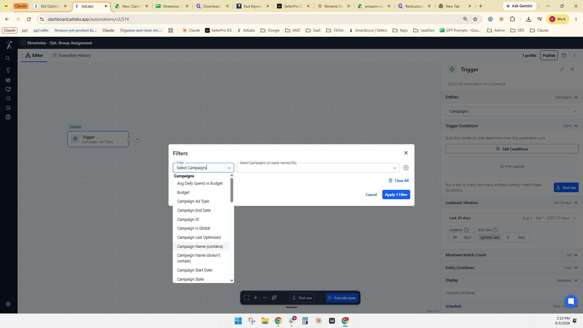 Step #17: Click the filter type dropdown and select Campaign Name (contains).
