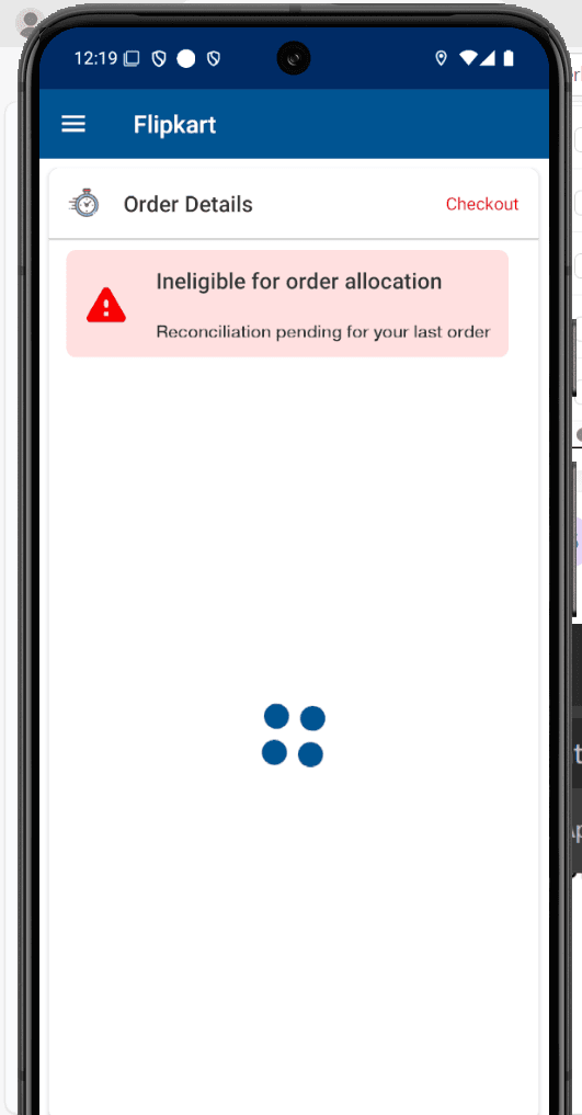 Step #7: The screen indicates that the user is ineligible for order allocation due to a pending reconciliation from their last order.