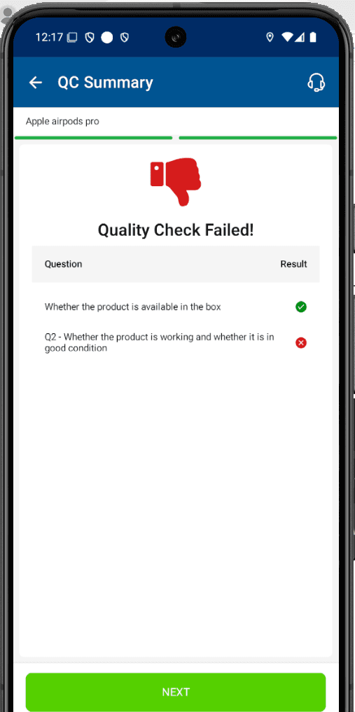 Step #4: The quality check was partially successful. While the product was available in the box, it did not meet all necessary working and condition standards, resulting in a QC failure.
