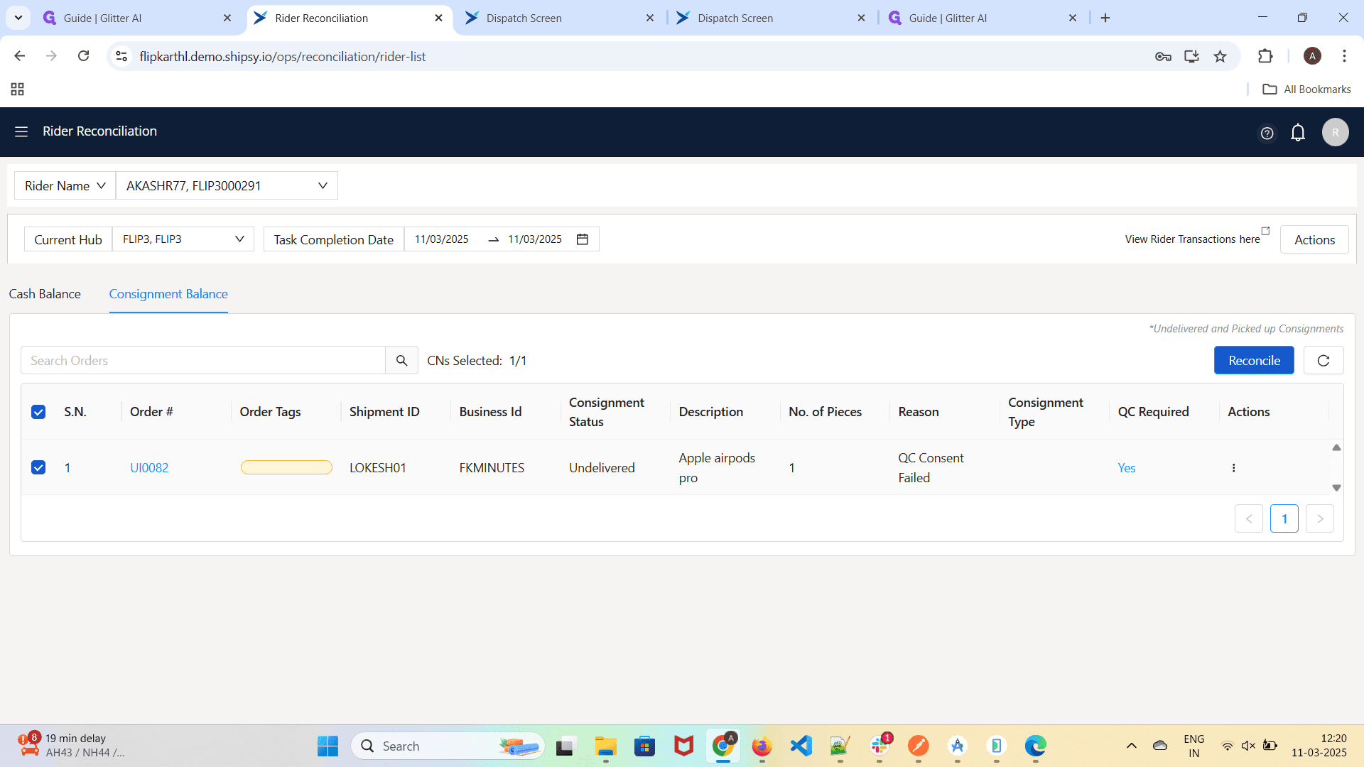 Step #8: This order was not delivered because it failed the Quality Check (QC) Consent process, meaning the customer or system flagged an issue during verification. The rider must reconcile the order before proceeding further, which may involve returning the product, updating the system, or resolving the QC failure issue.