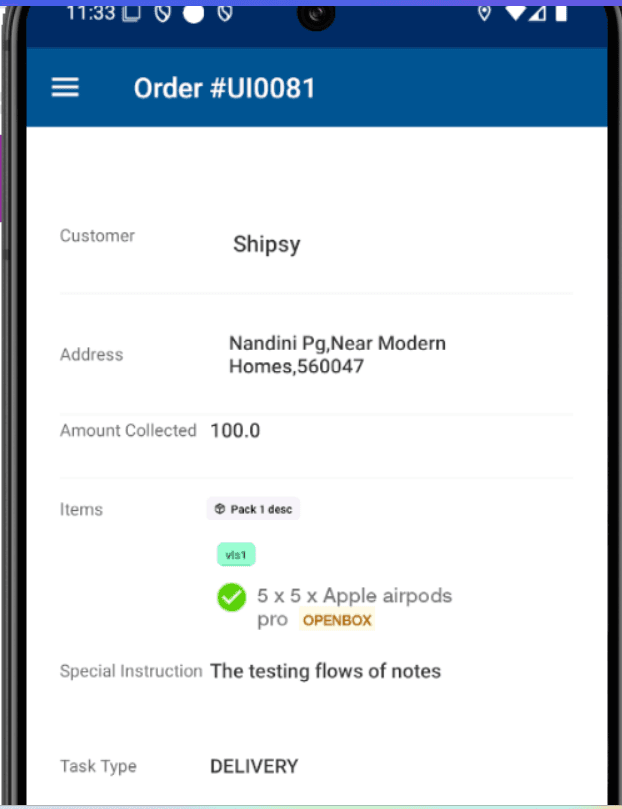 Step #1: Retrieve the hub name, customer details, address, collected amount, and item list.