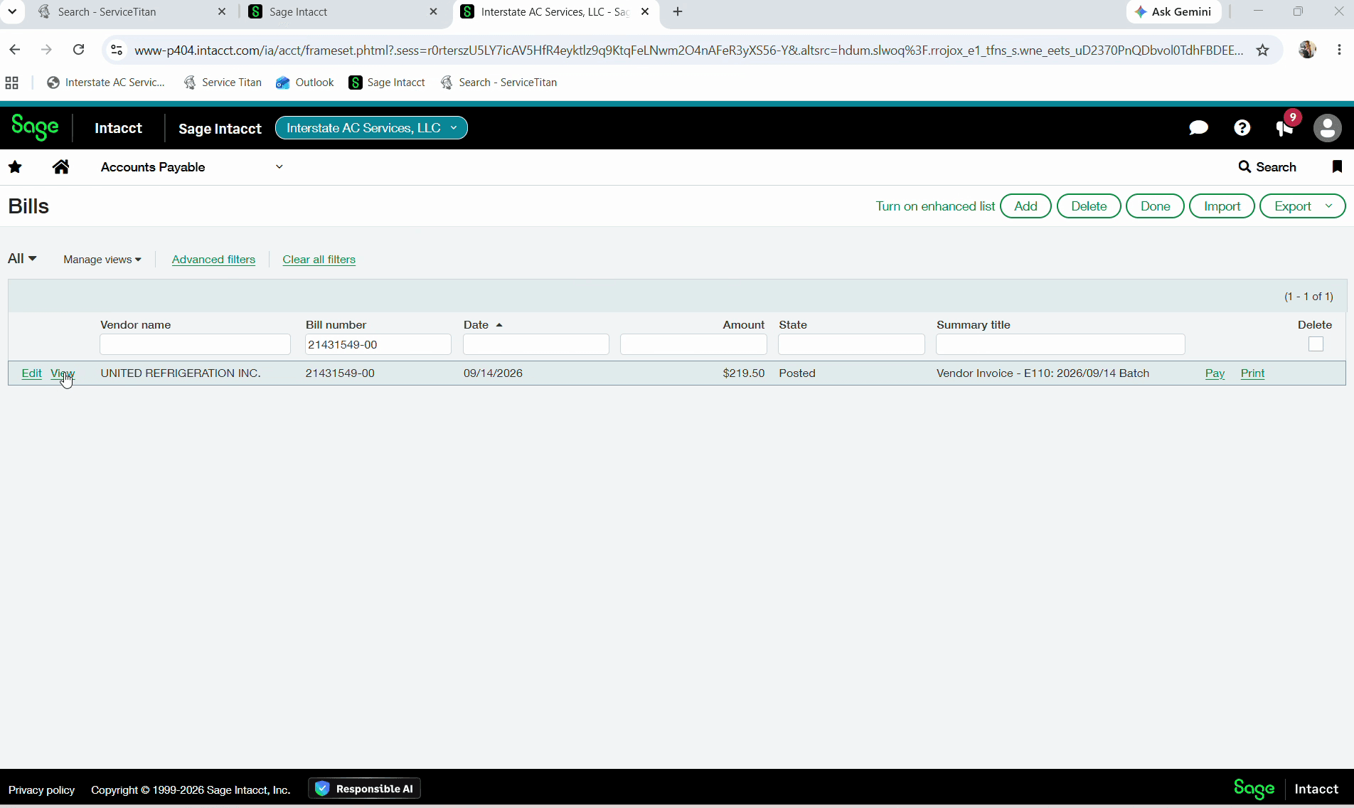 Step #1: Paste the invoice number into the Bill Number field. Click View on the processed invoice. If the invoice has been exported from ServiceTitan, it will appear in the search results. If it has not been exported yet, it will not display.
