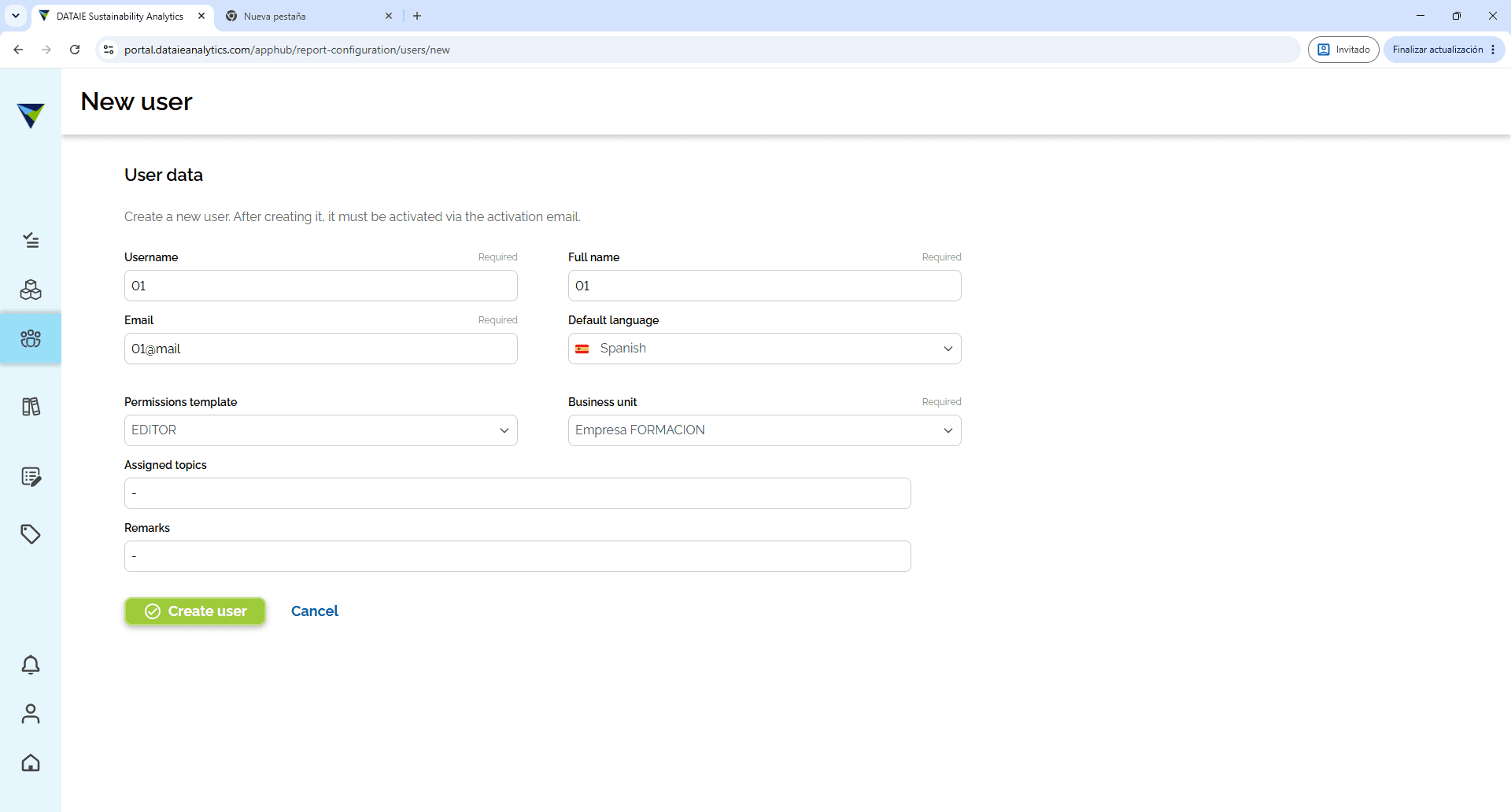Step #6: Click Create user to save and activate the new account.