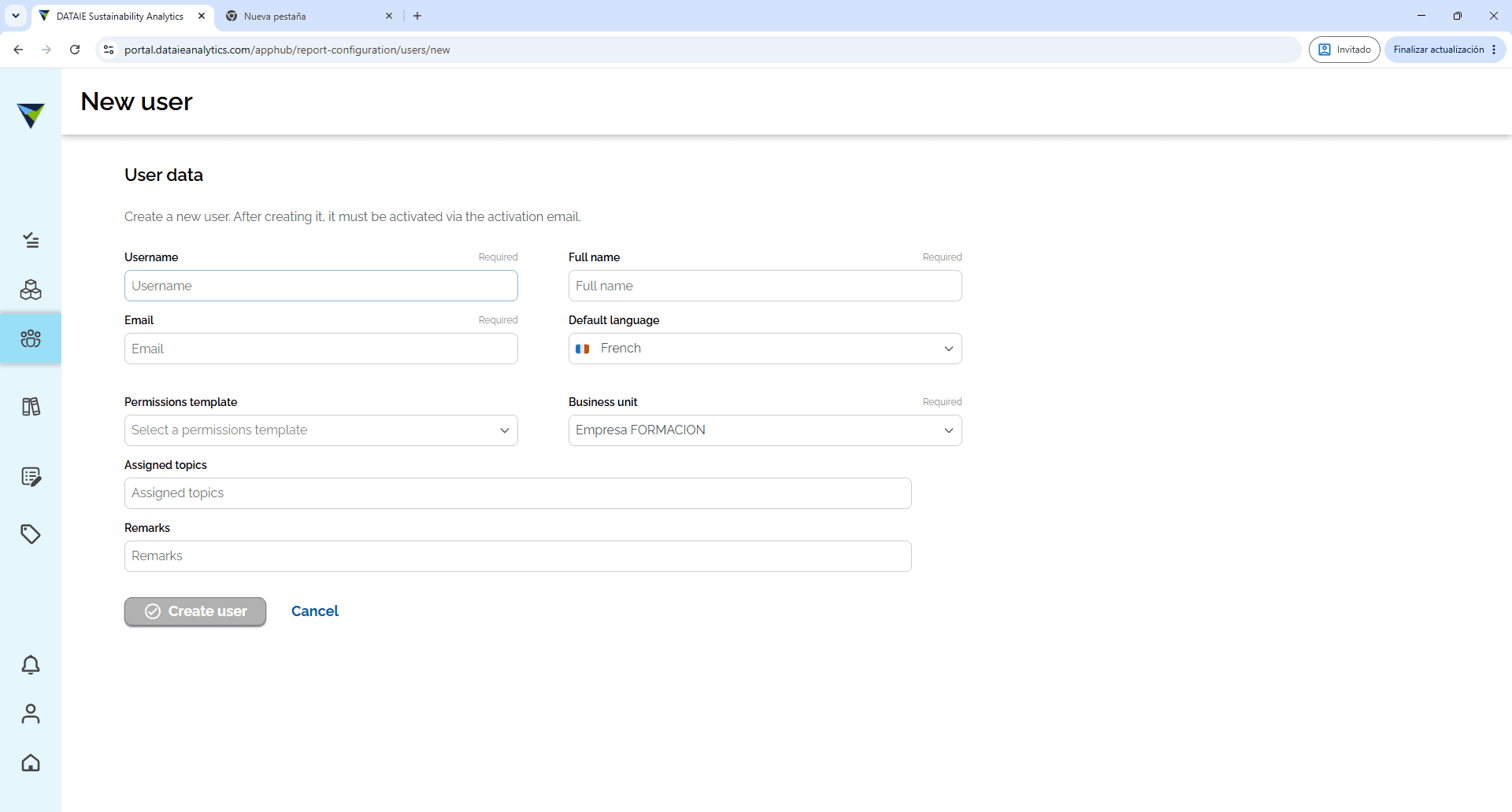 Step #4: Fill in the required fields on the form (username, full name and email address), and you must select the relevant permissions template from the Permissions template drop-down menu.