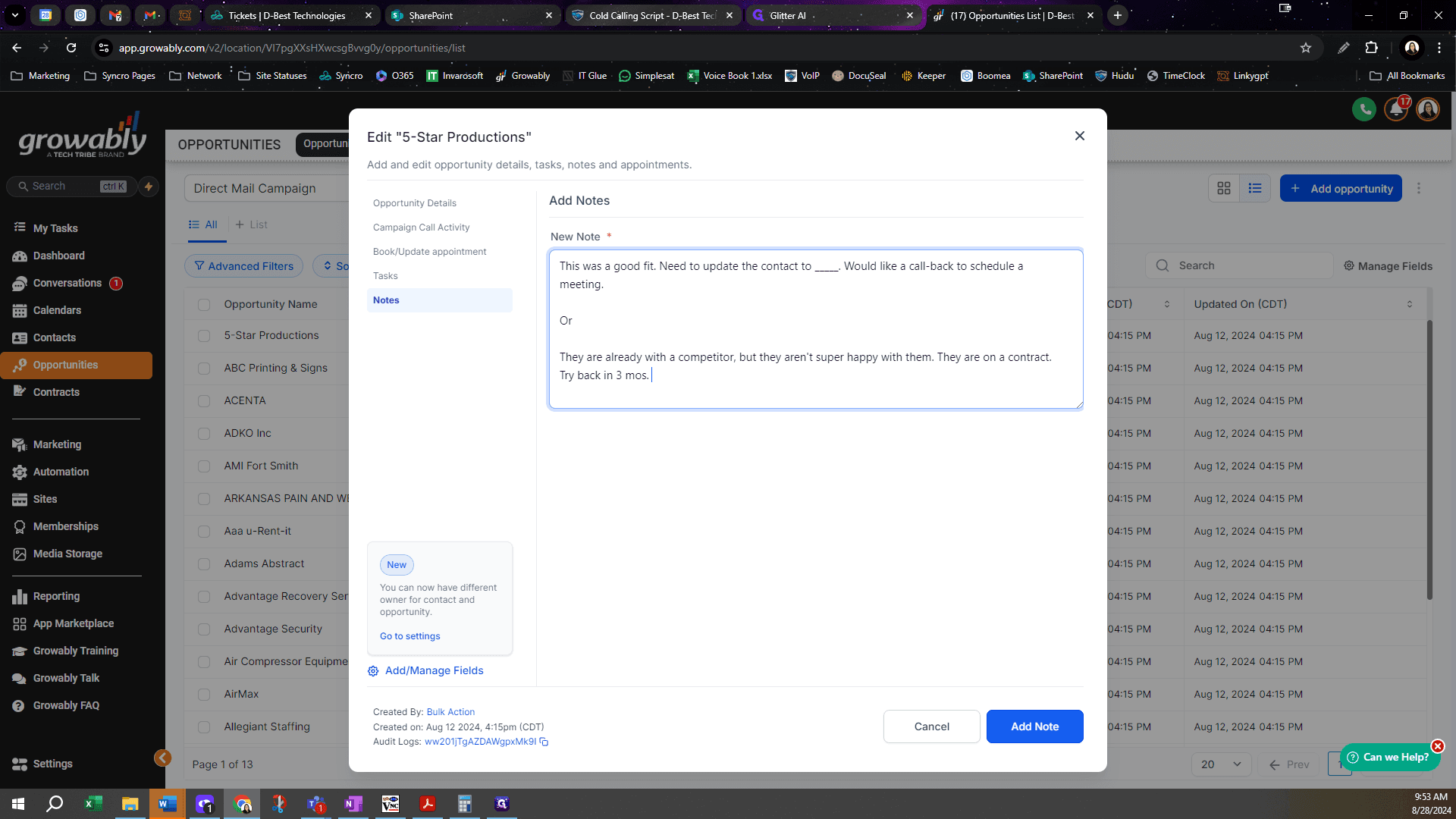 Step #8: Next, go to "Notes" and type in the appropriate notes of how the call went. More is better.
