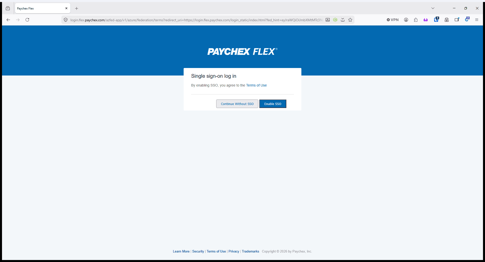 Step #6: Click Enable SSO to link your Paychex account with your organization's single sign-on provider.