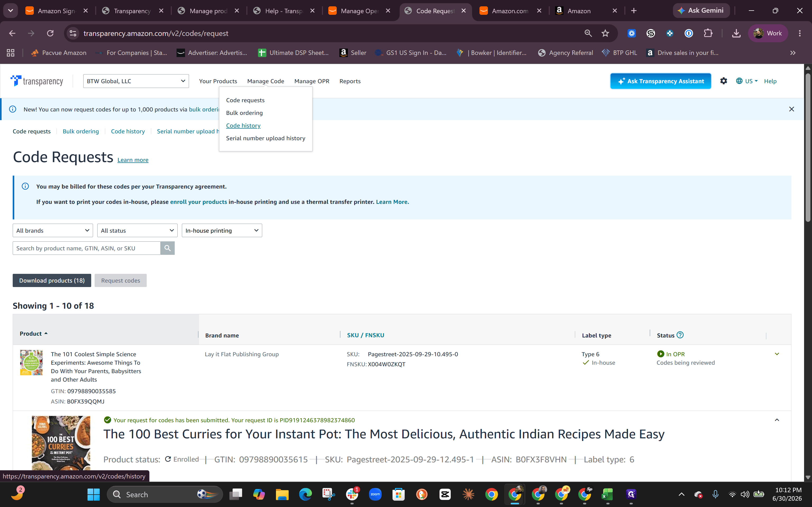 Step #8: Navigate to Code history to confirm your batch of codes was successfully generated.
