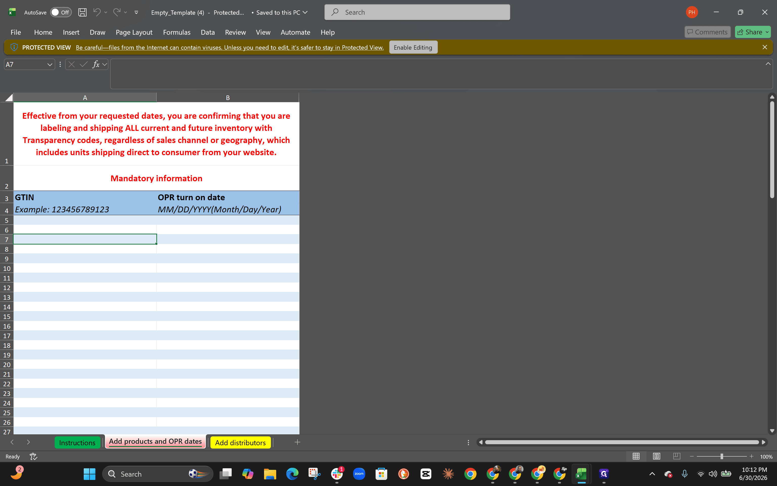 Step #13: Navigate to the Add products and OPR dates sheet using the bottom tabs.