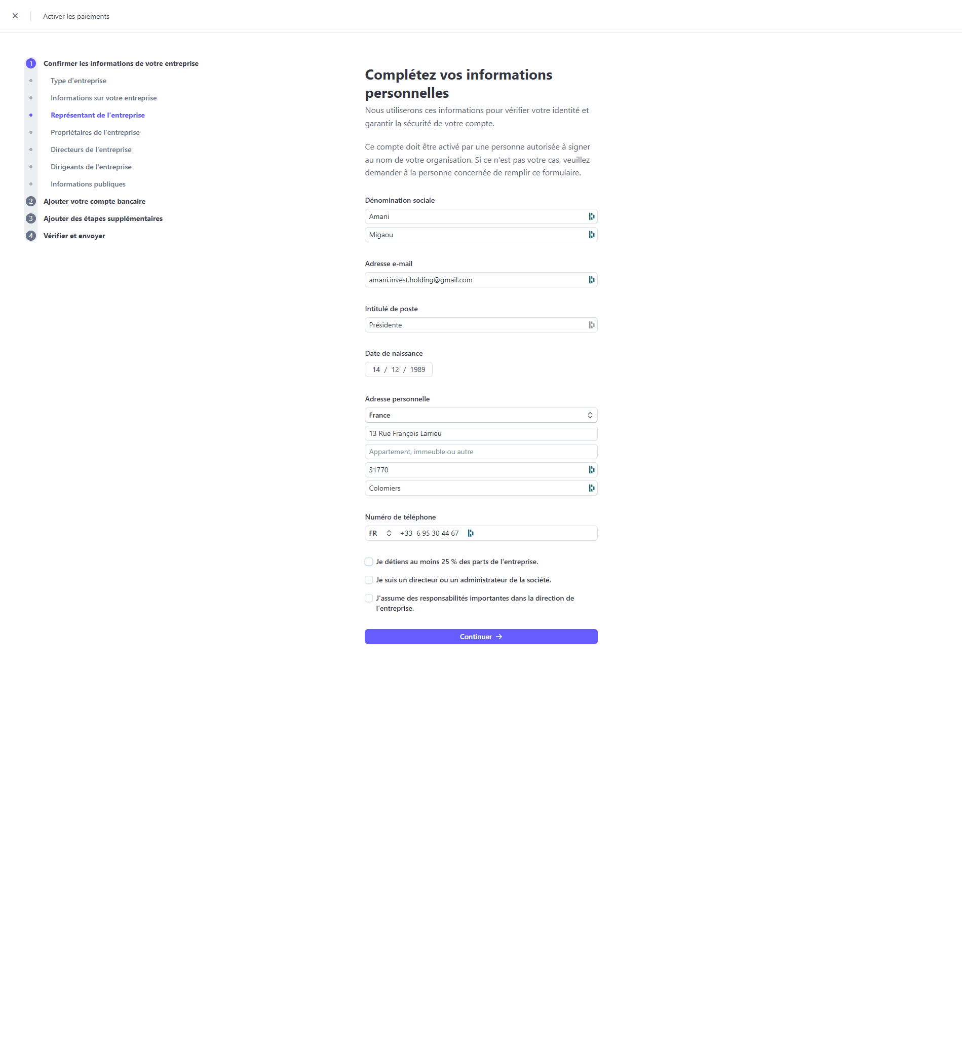 Step #58: Click on "Je détiens au moins 25 % des parts de l'entreprise"