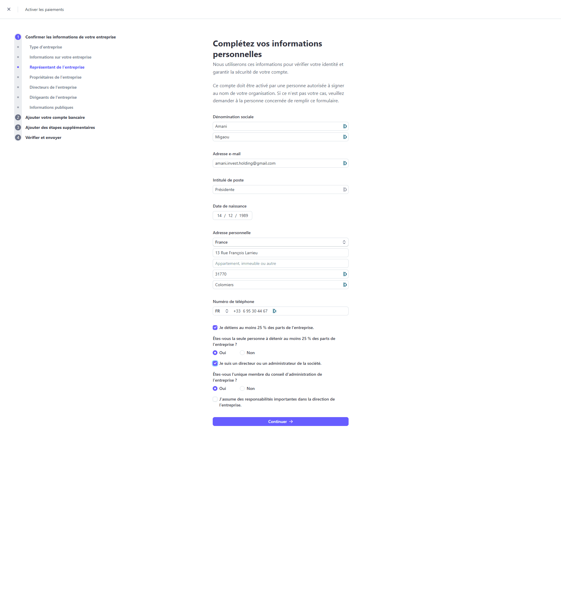 Step #62: Click on "✓ Je suis un directeur ou un administrateur de la société"