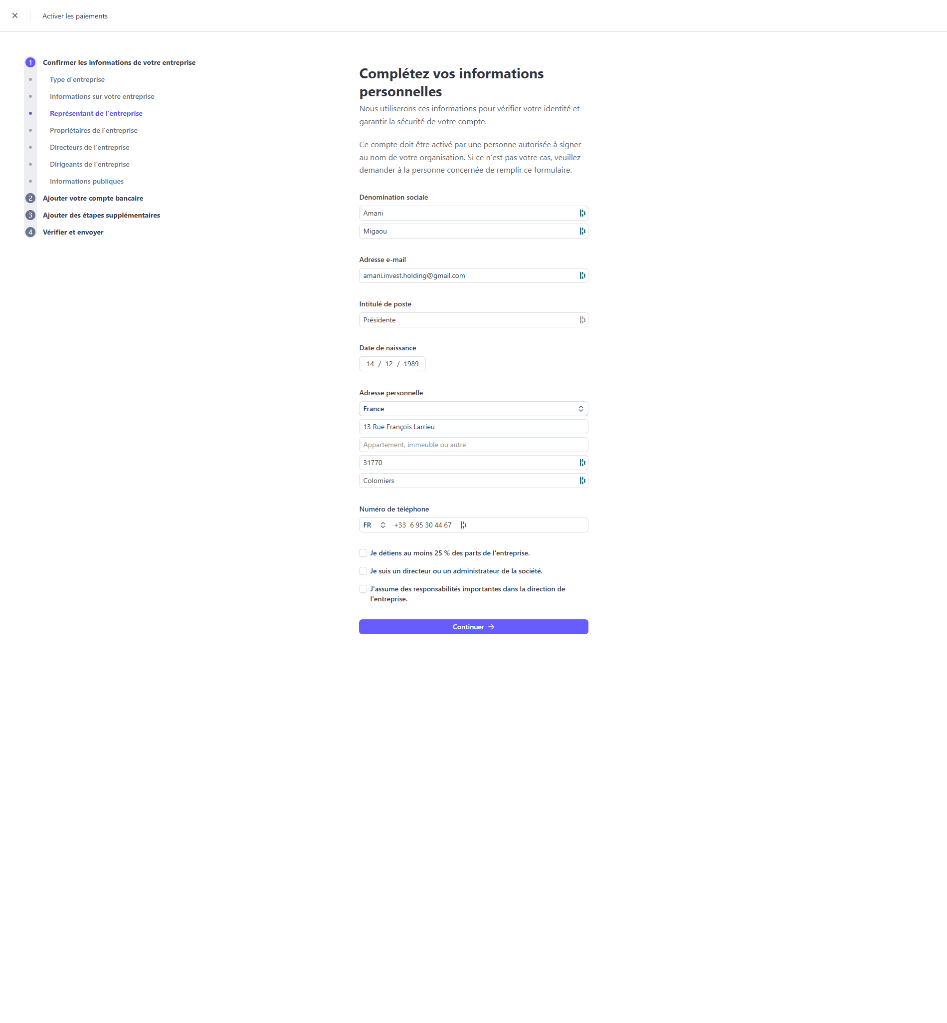 Step #56: Click on "Je détiens au moins 25 % des parts de l'entreprise"