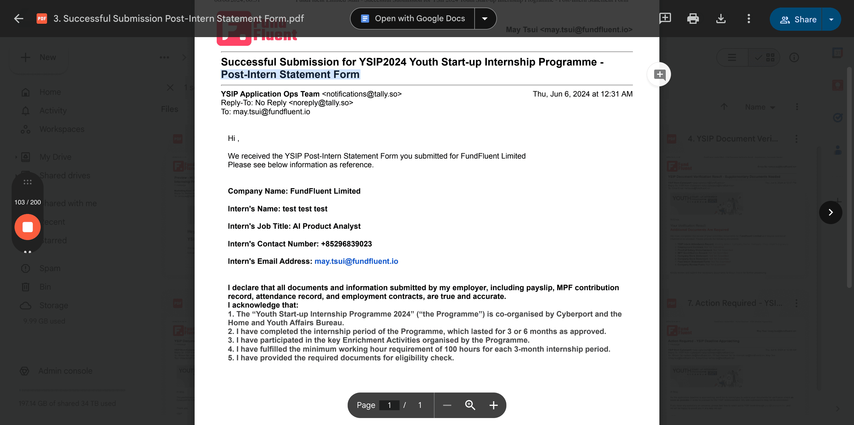Step #54: 3. Successful Submission Post-Intern Statement Form - see shared files for full email