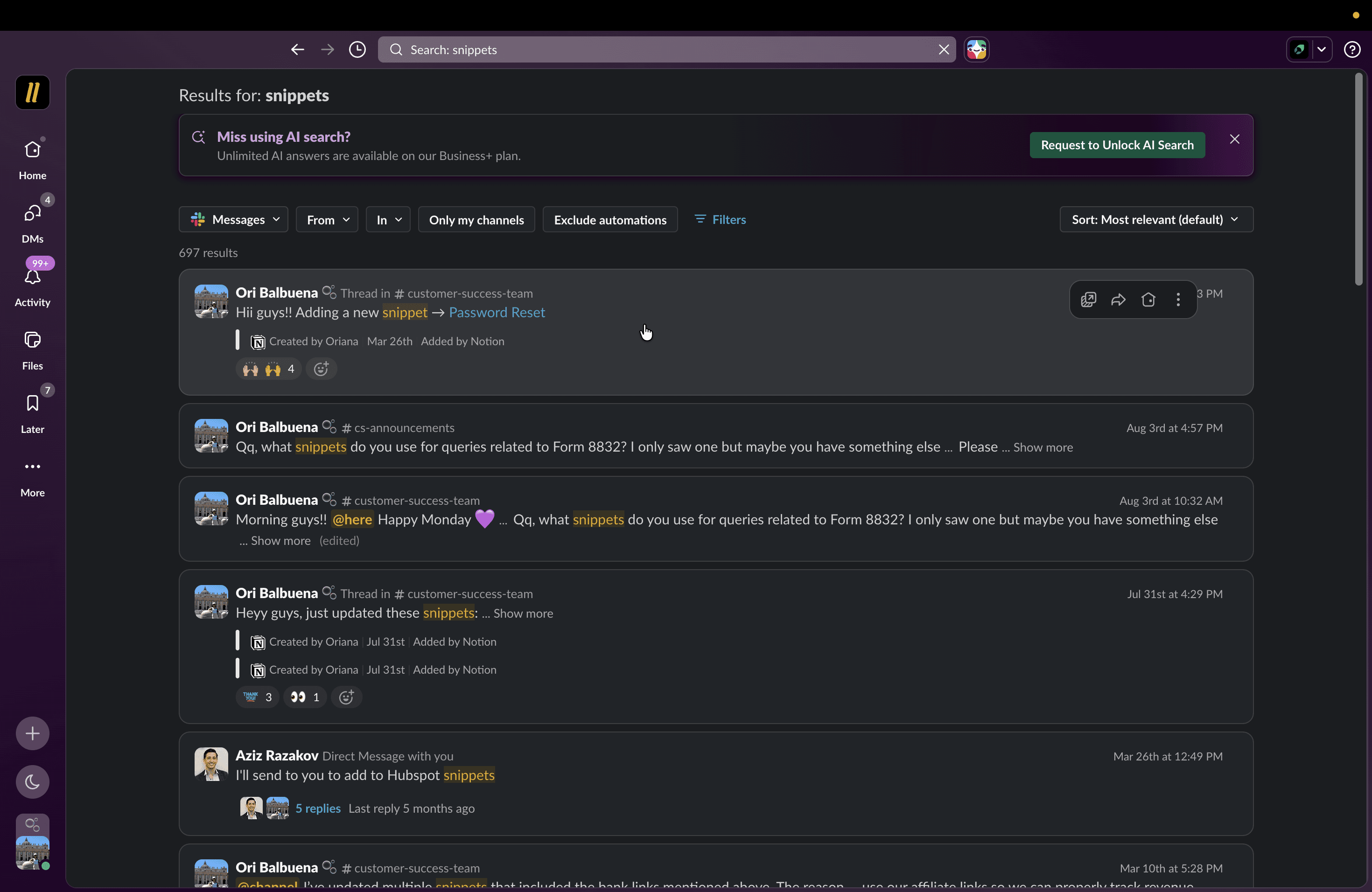 Step #5: Select the relevant message or thread to view the list of recently discussed snippets.