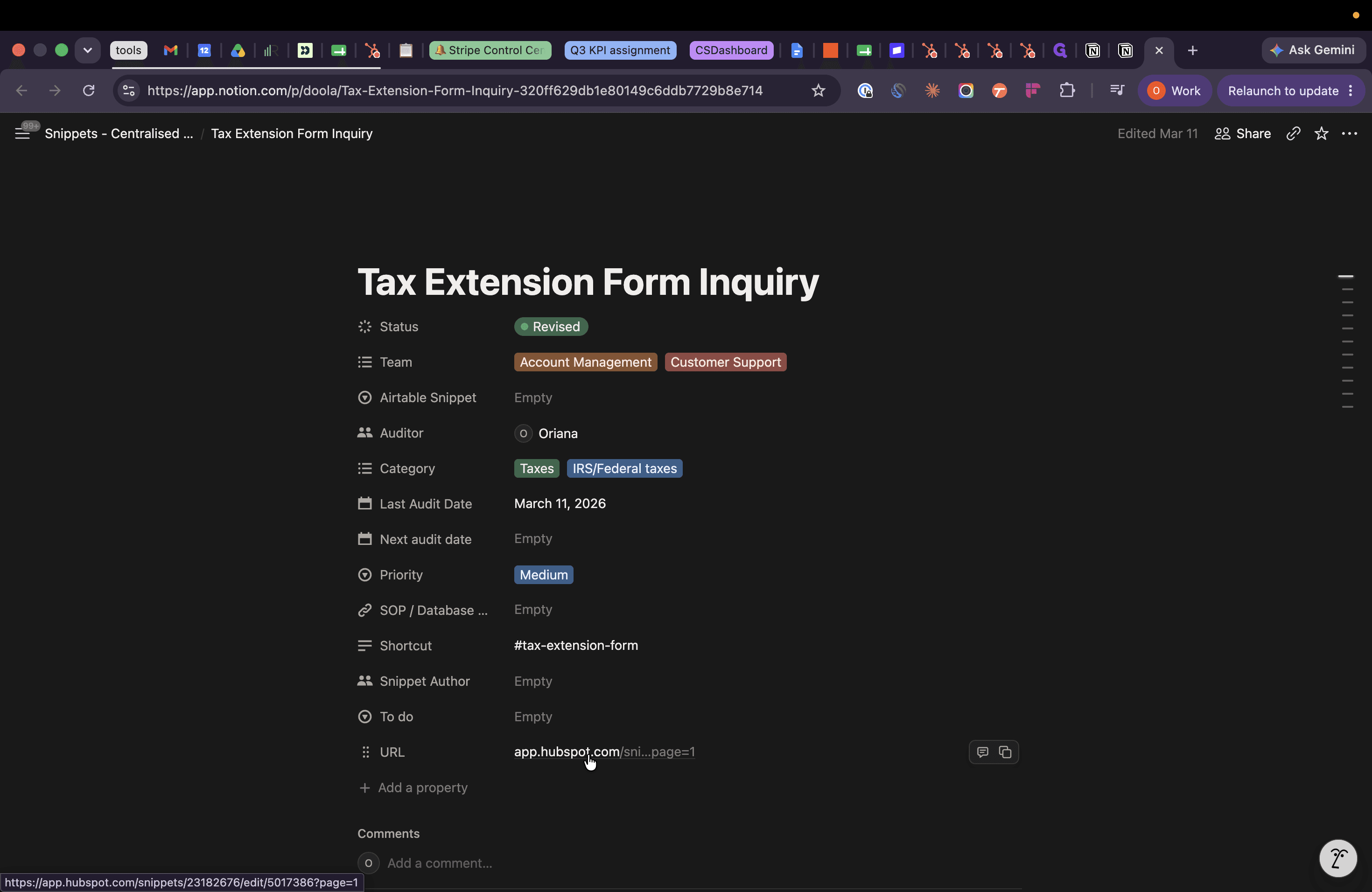 Step #10: Click the HubSpot link in the URL property to open the snippet editor in HubSpot.