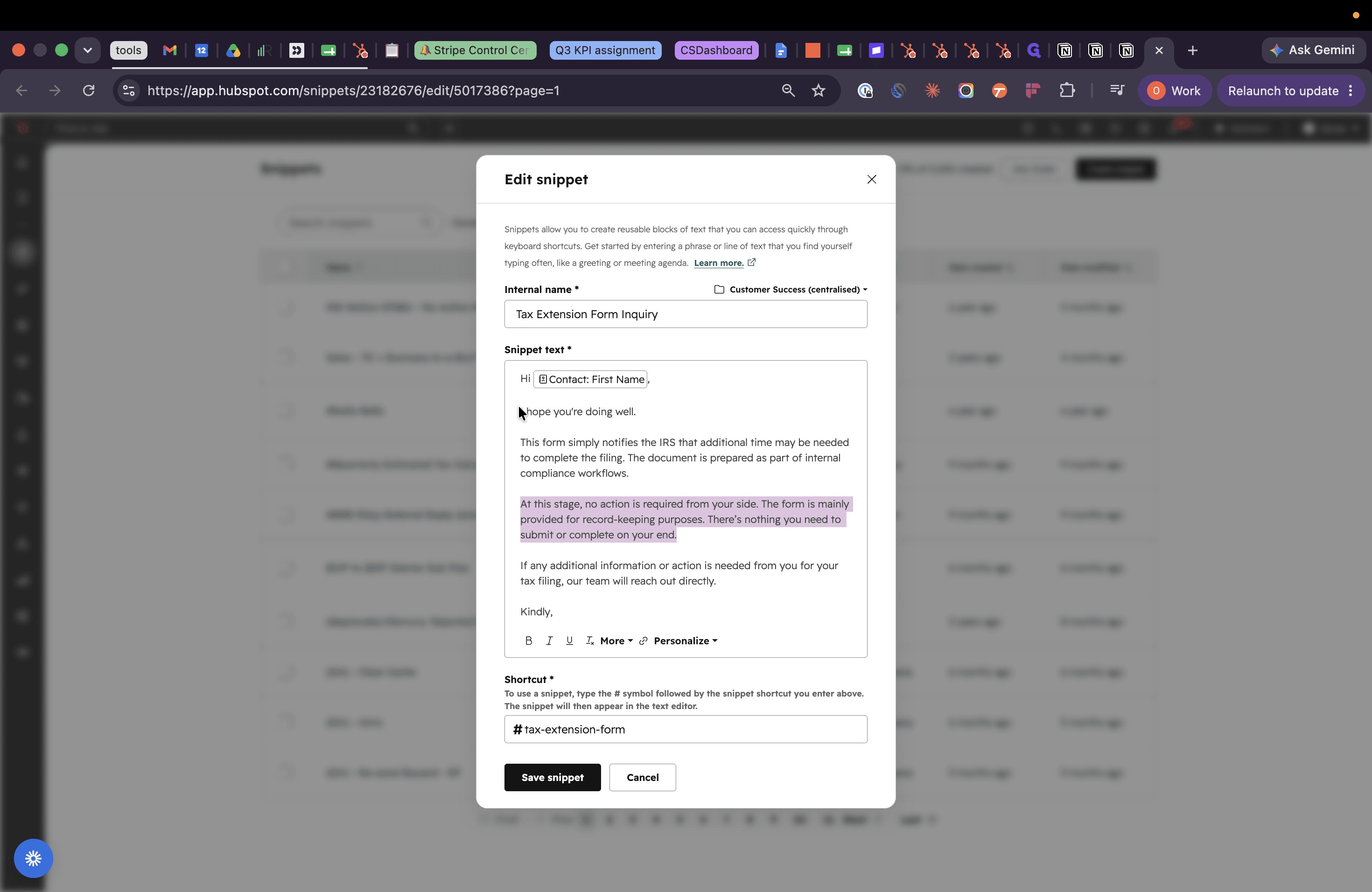 Step #2: Go back to the HubSpot snippet editor and highlight the existing text.