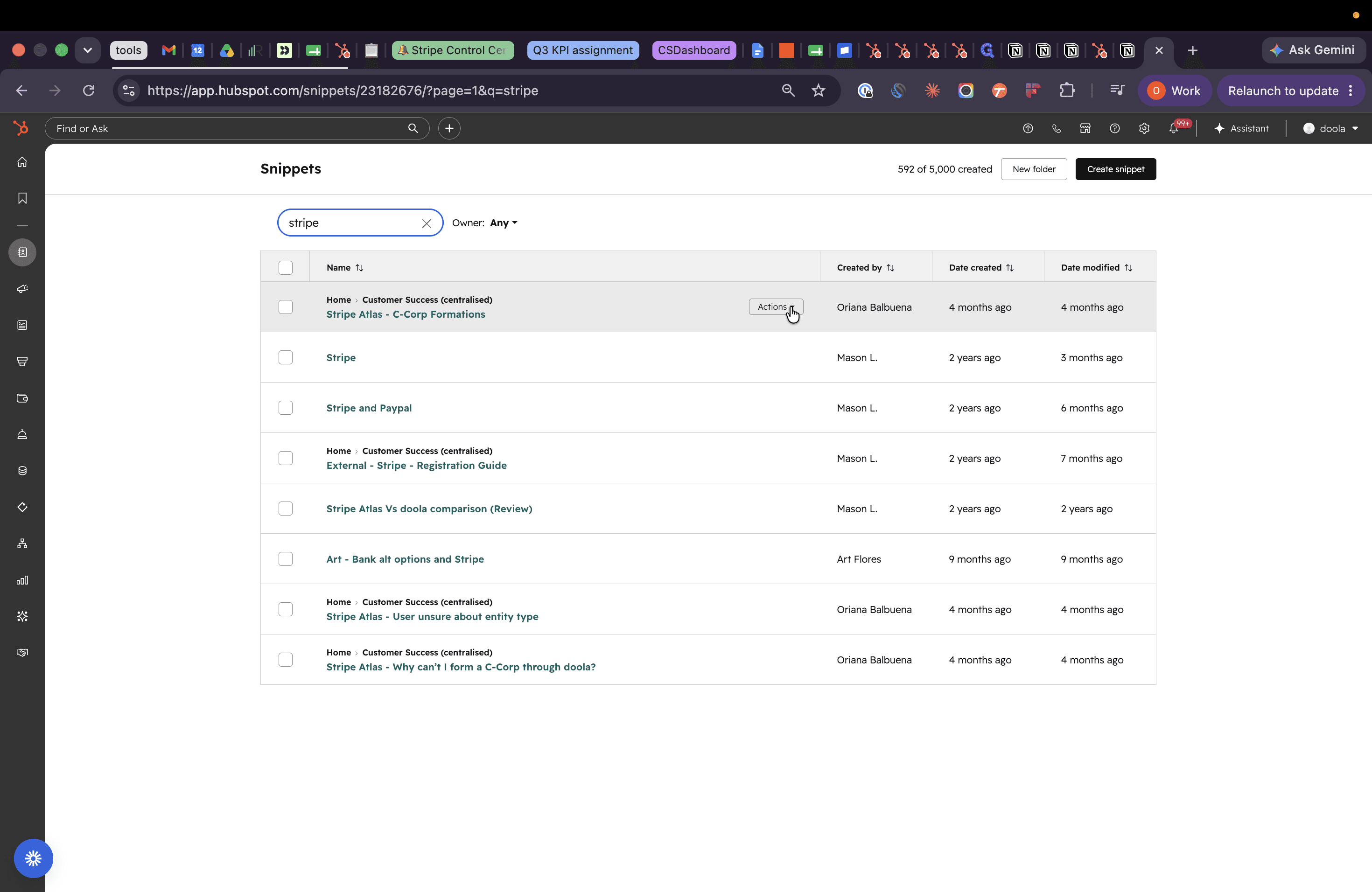 Step #17: Hover over the snippet you want to remove and click Actions.