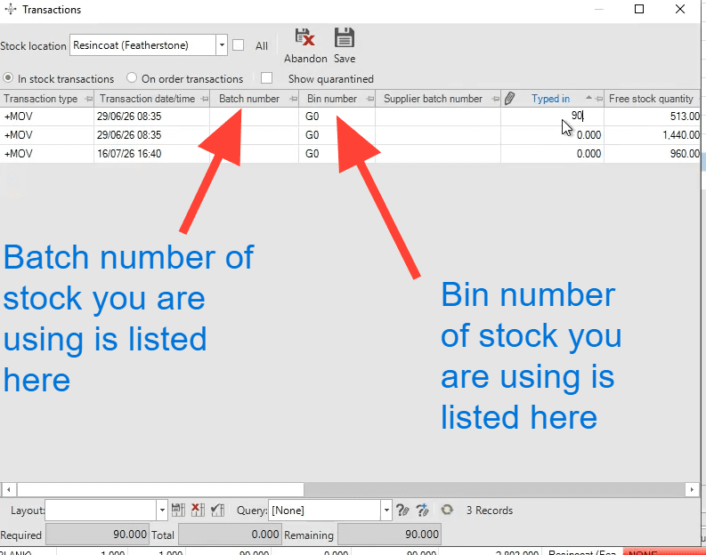 Step #20: Type the amount of product being used directly into the Typed In column, on the row matching the batch/location of product you are using.