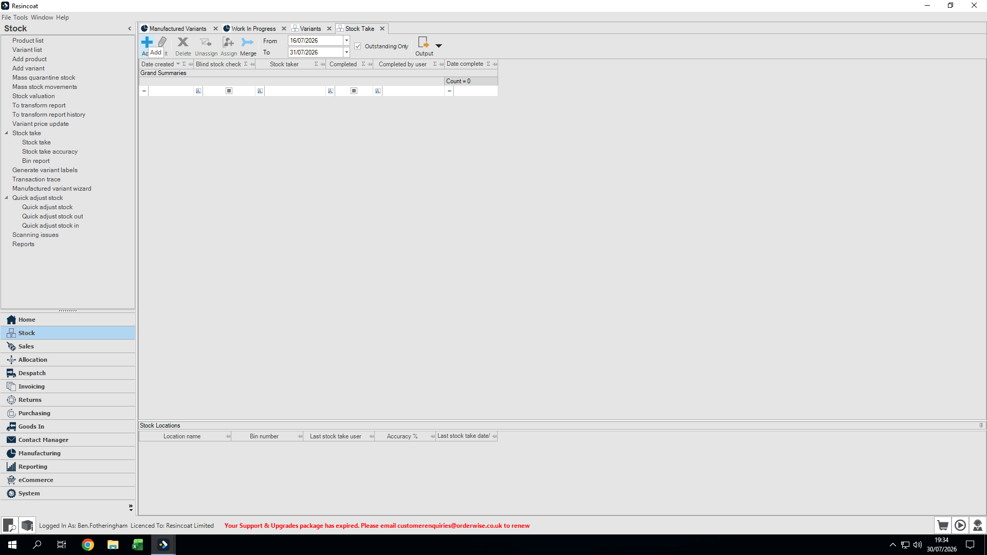 Step #37: Click Add to begin a new stock take.