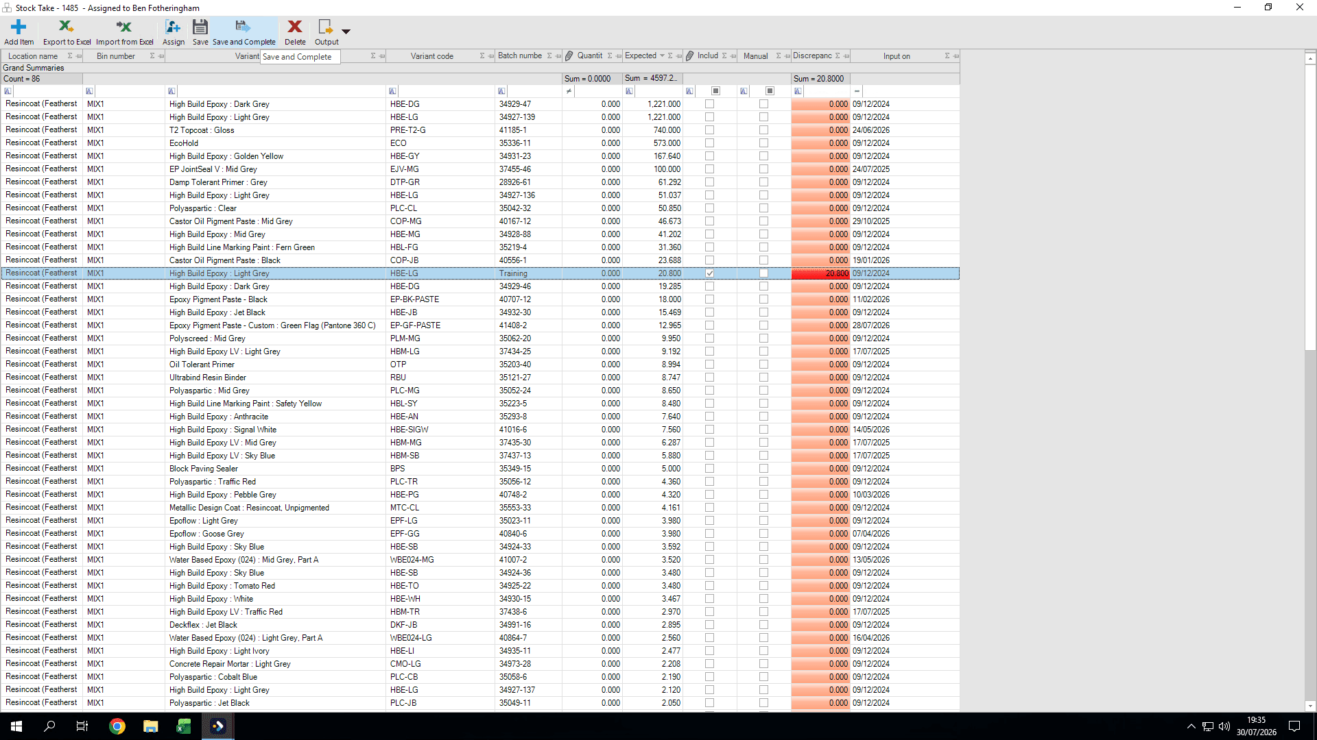 Step #45: Click Save and Complete to clear the leftover mix from the system.