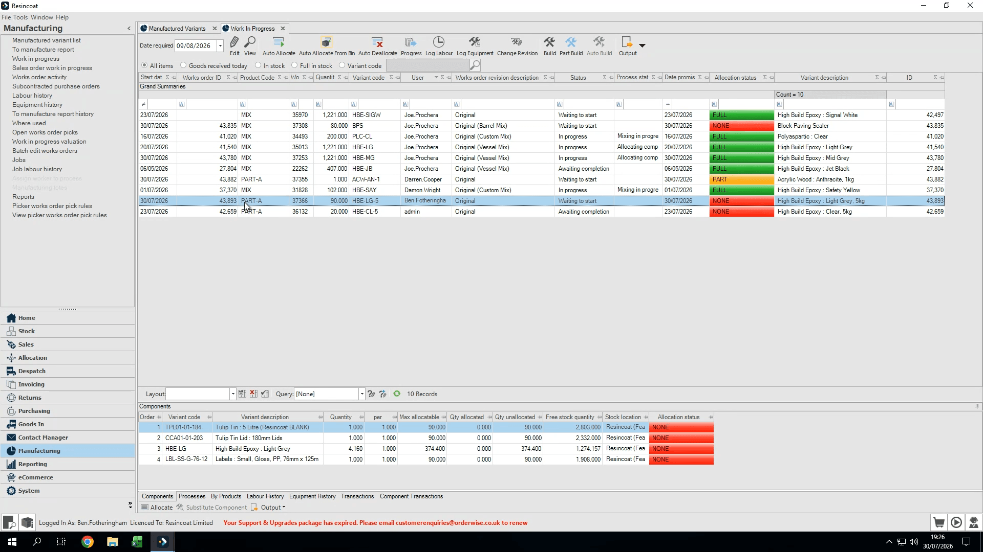 Step #12: Select the Work Order for the Part-A's we are working on